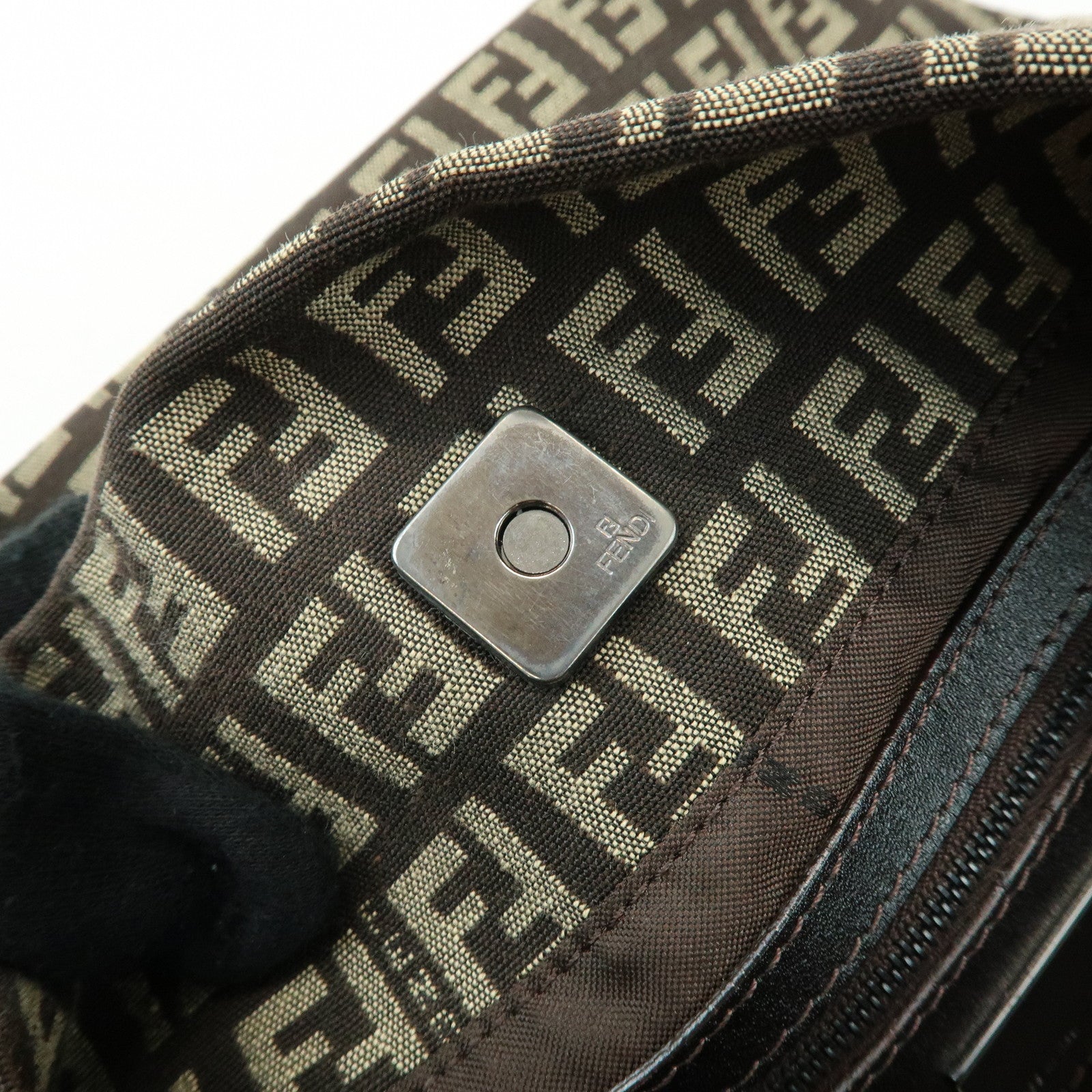 FENDI Zucchino Jacquard Canvas Leather Shoulder Bag Brown 8BR317