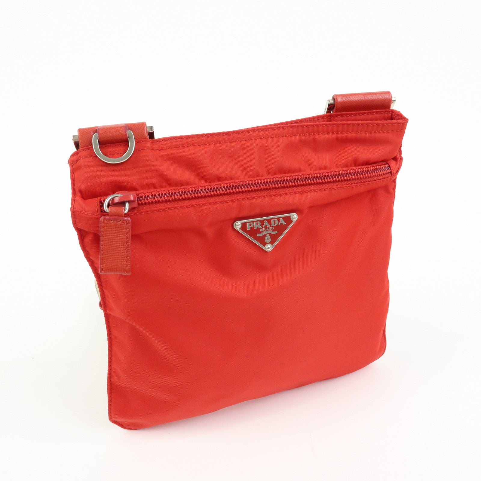 PRADA Triangle Logo Nylon Shoulder Bag Crossbody Bag Red Beige B7372