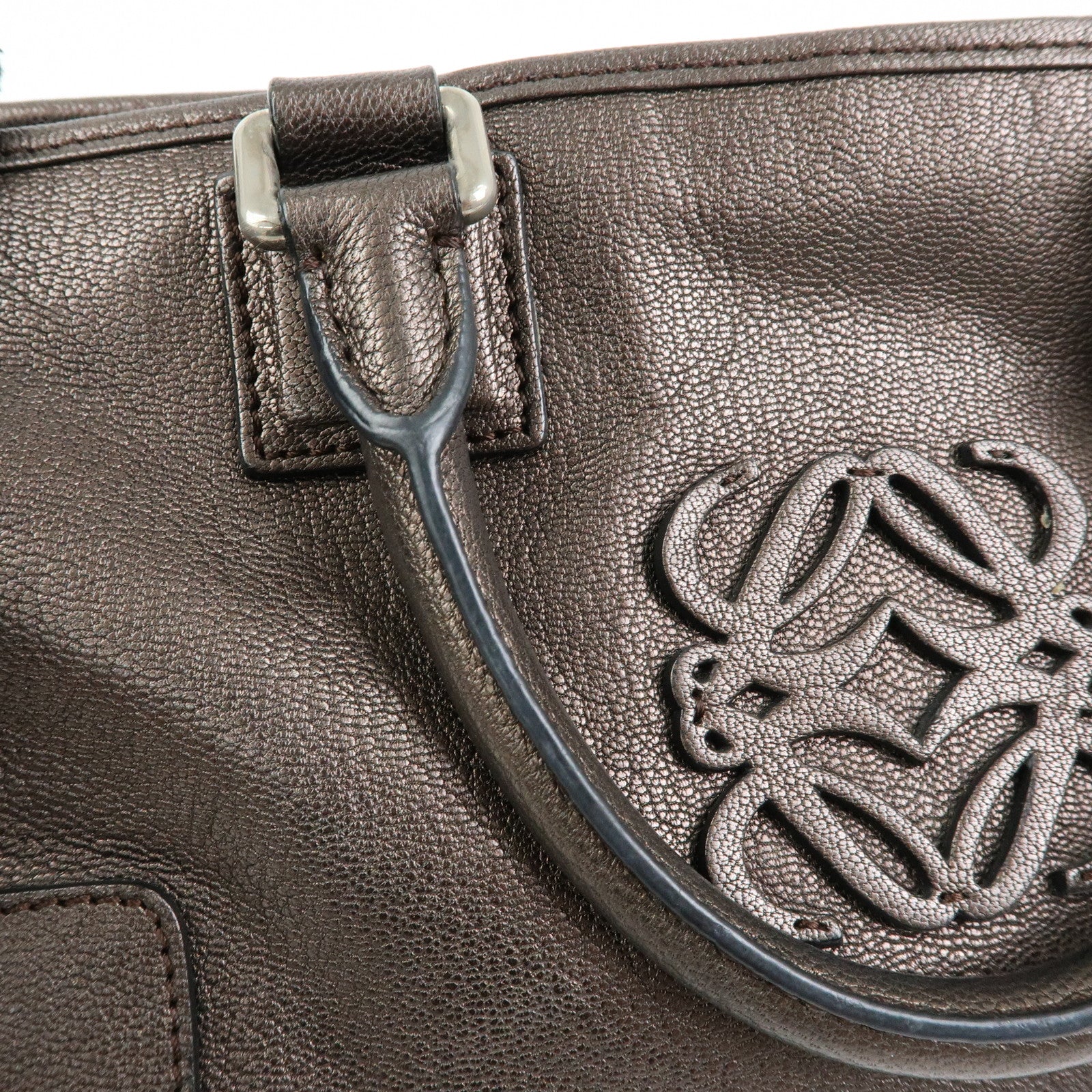 LOEWE Anagram Amazona 28 Leather Hand Bag Boston Bag Metallic Brown
