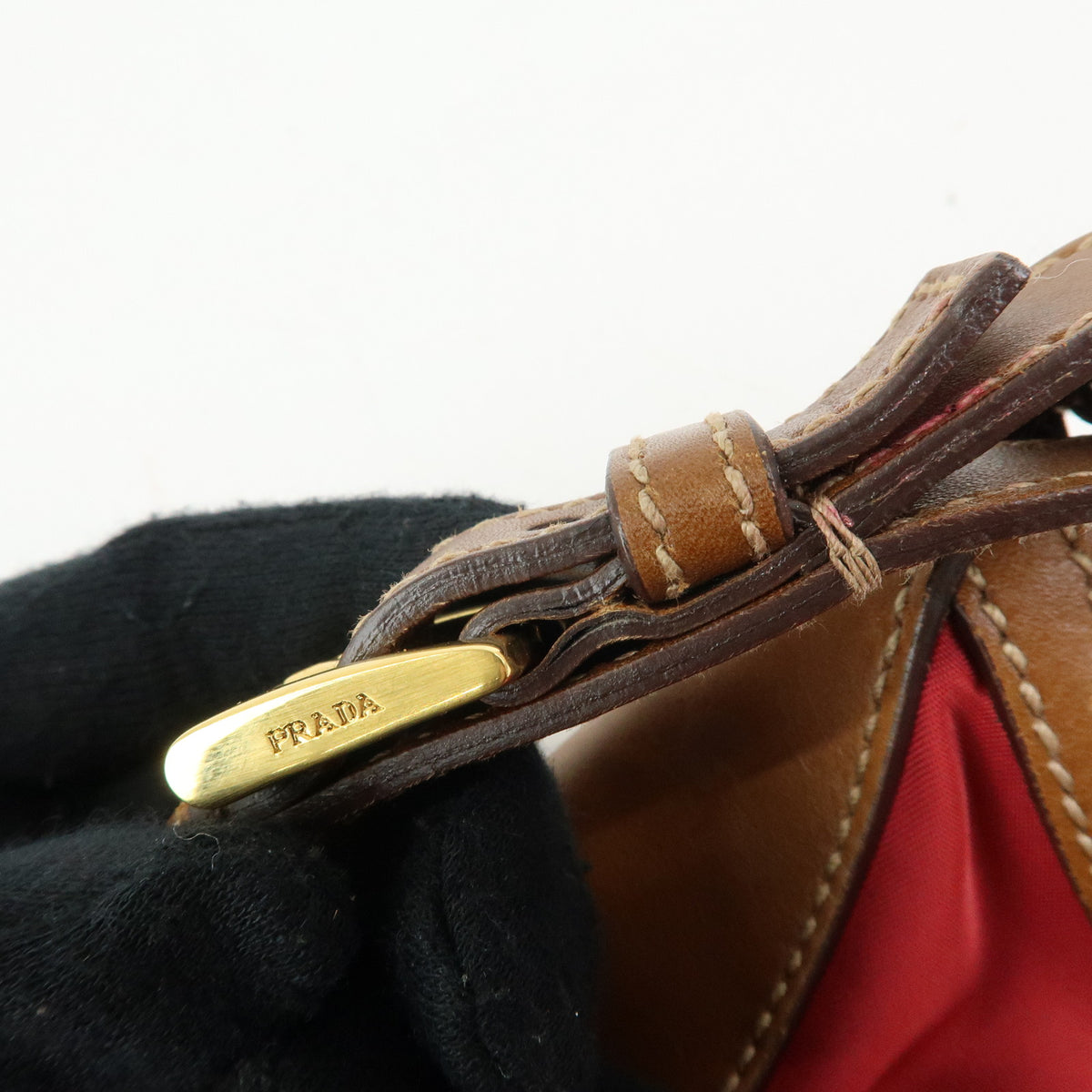 PRADA Triangle Logo Nylon Leather Shoulder Bag Red Beige Brown