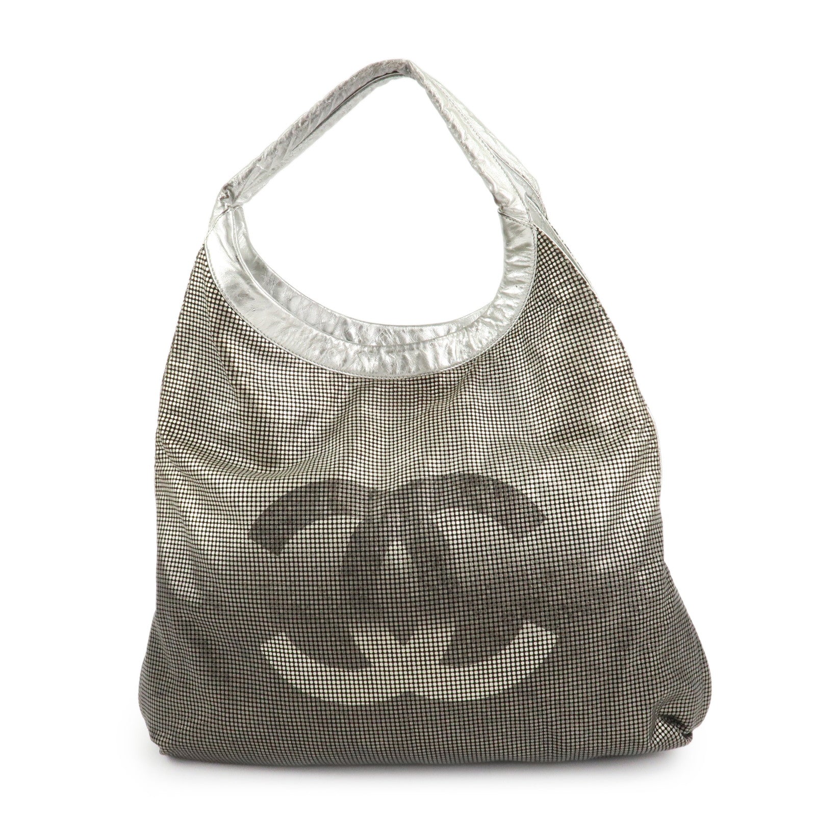 CHANEL Maxi COCO Mark Punching Leather Tote Bag Shoulder Bag Silver Used