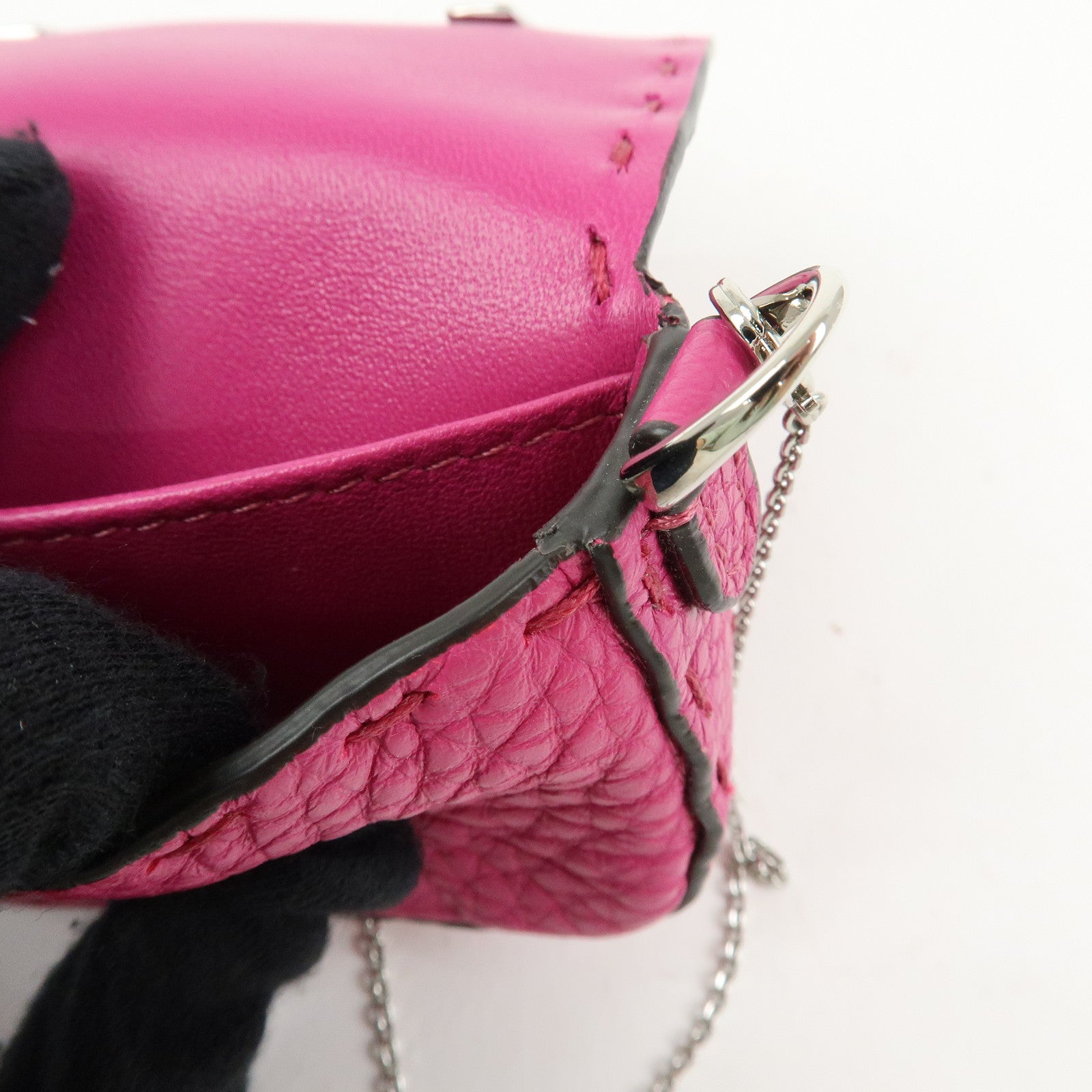 FENDI Nano Baguette Leather Mini Chain Shoulder Bag Charm Pink 7AS045