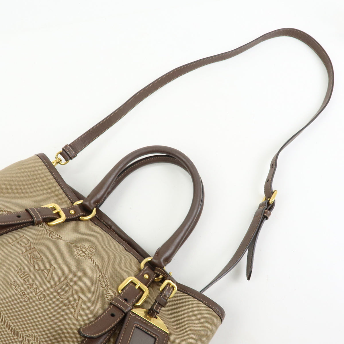 PRADA Triangle Logo Jacquard Canvas Leather 2Way Bag Hand Bag BN2832