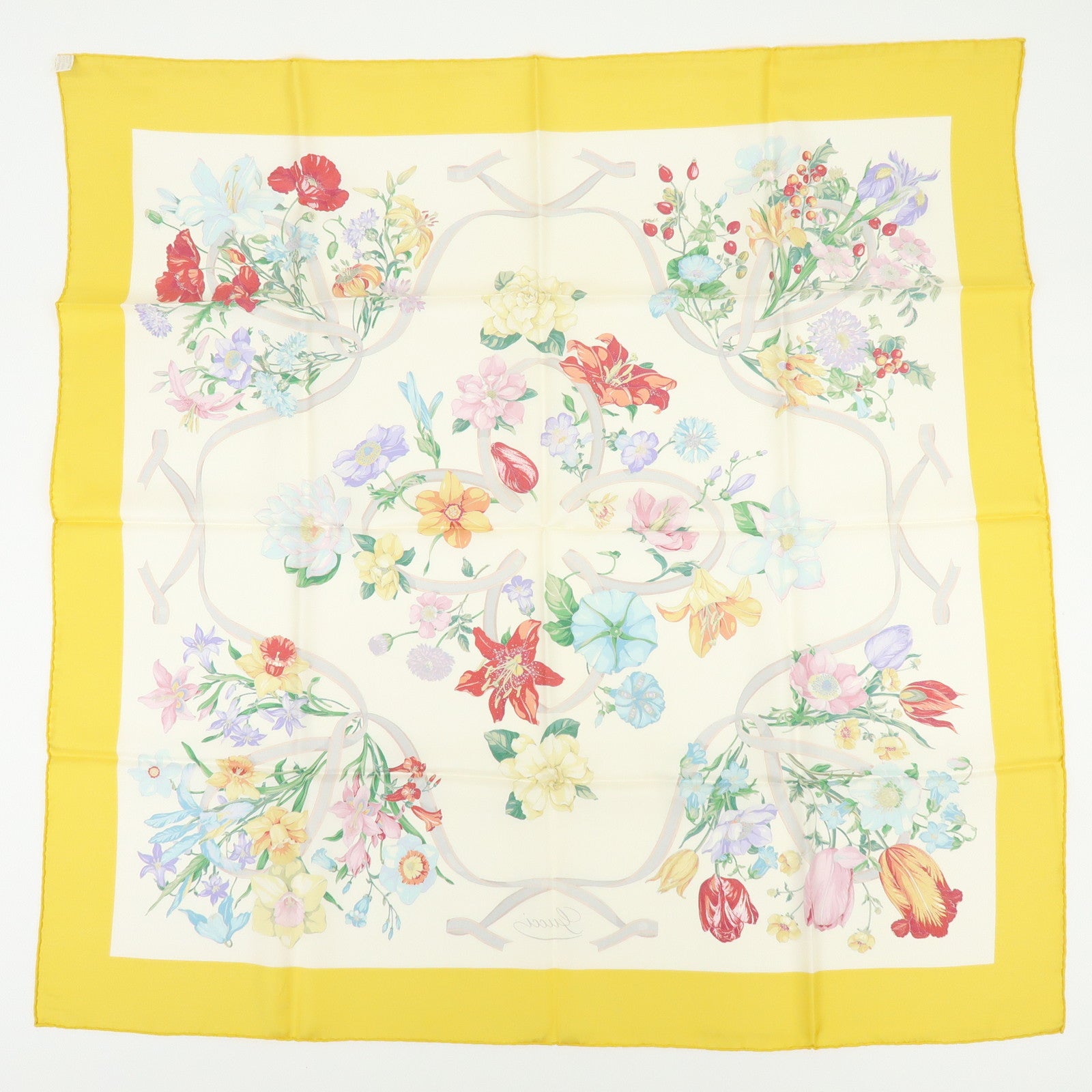 GUCCI Flora Silk 100% Scarf Shawl White Yellow Blue Orange Purple