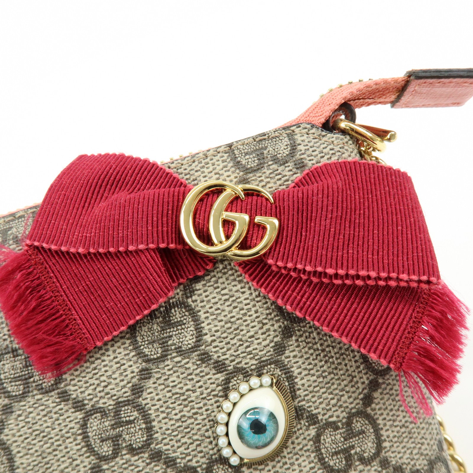 GUCCI Double G GG Supreme Leather Chain Shoulder Bag Ribbon Pink 431396