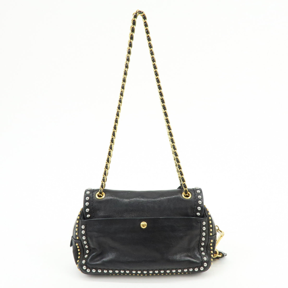 PRADA Leather Chain Shoulder Bag Studded Black Gold Silver BR4588