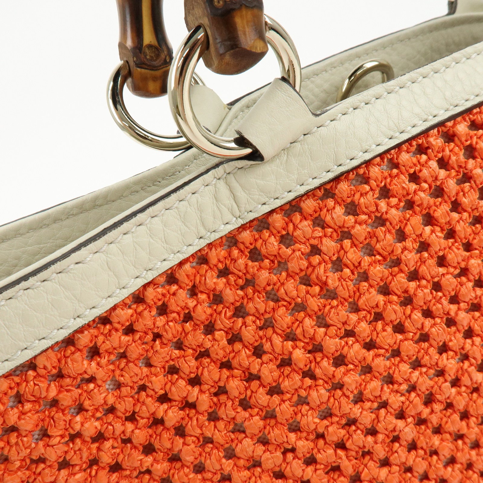 GUCCI Bamboo Raffia Leather Tote Bag Hand Bag Orange White 338965