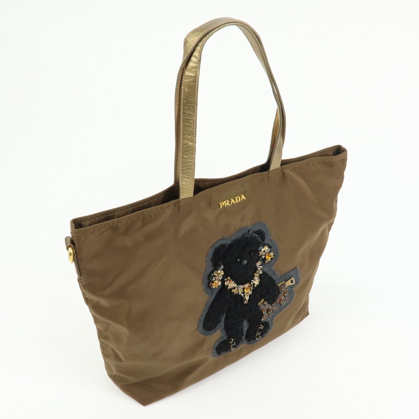 PRADA Bijoux Bear Motif Nylon Saffiano Leather Tote Bag Khaki Gold