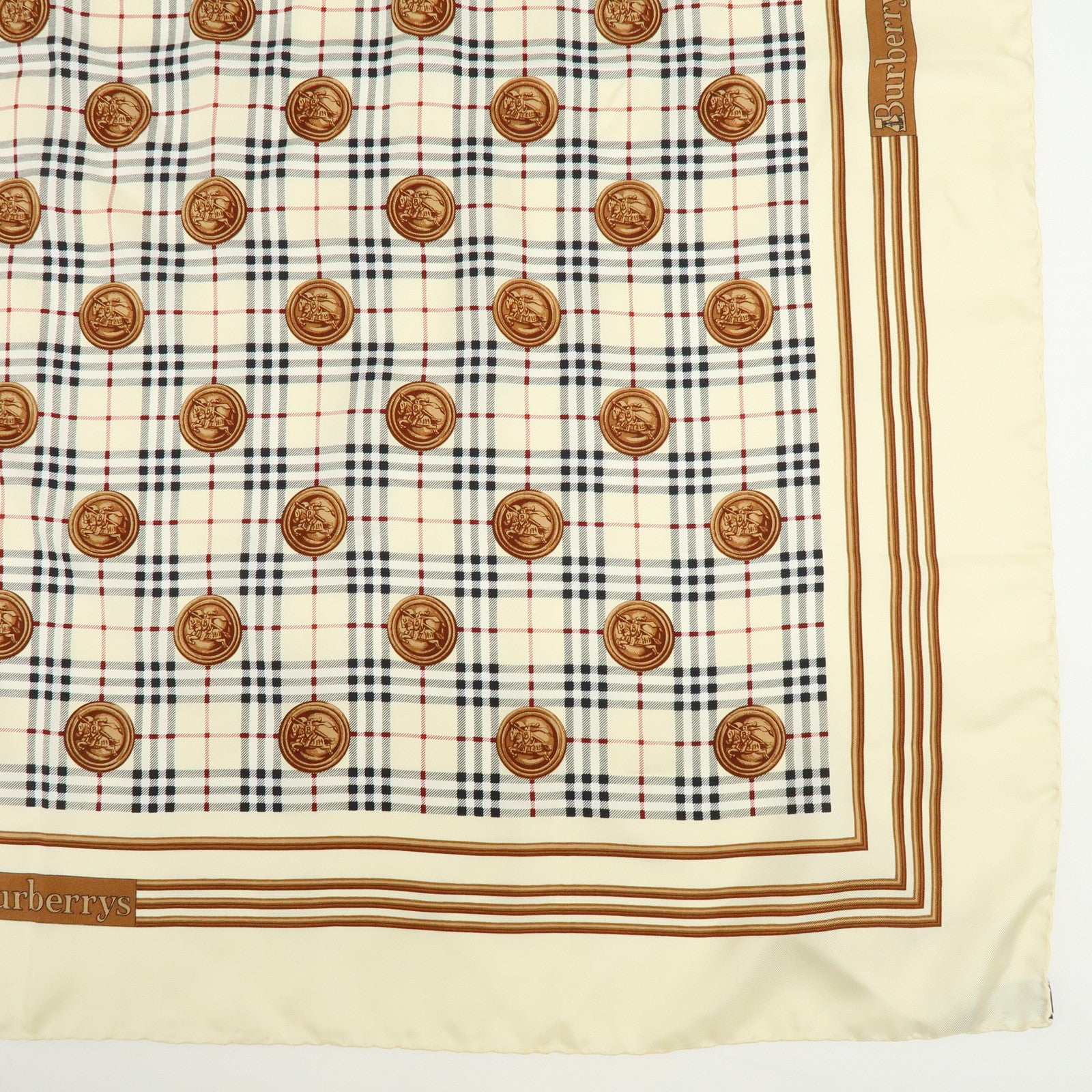BURBERRY Nova Plaid Silk 100% Scarf Coin Motif Beige Brown