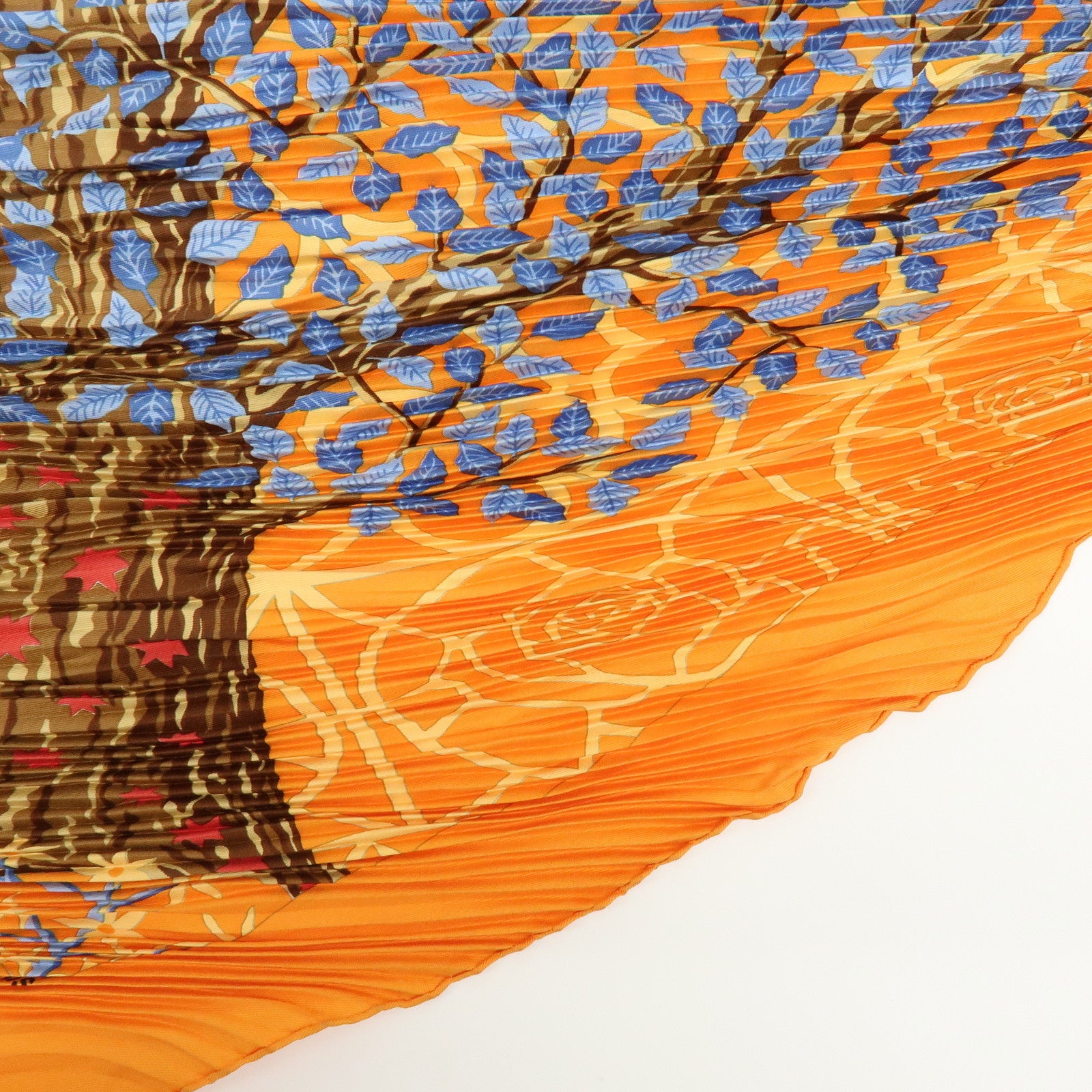 HERMES Pleated Carre Silk 100% Scarf AXIS MUNDI Orange Light Blue
