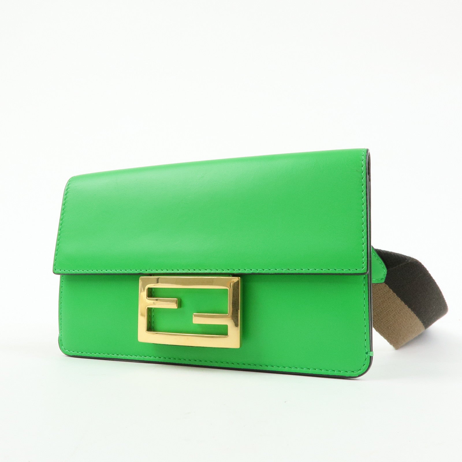 Fendi Flat Baguette Leather Shoulder Bag Green Brown 8BS039