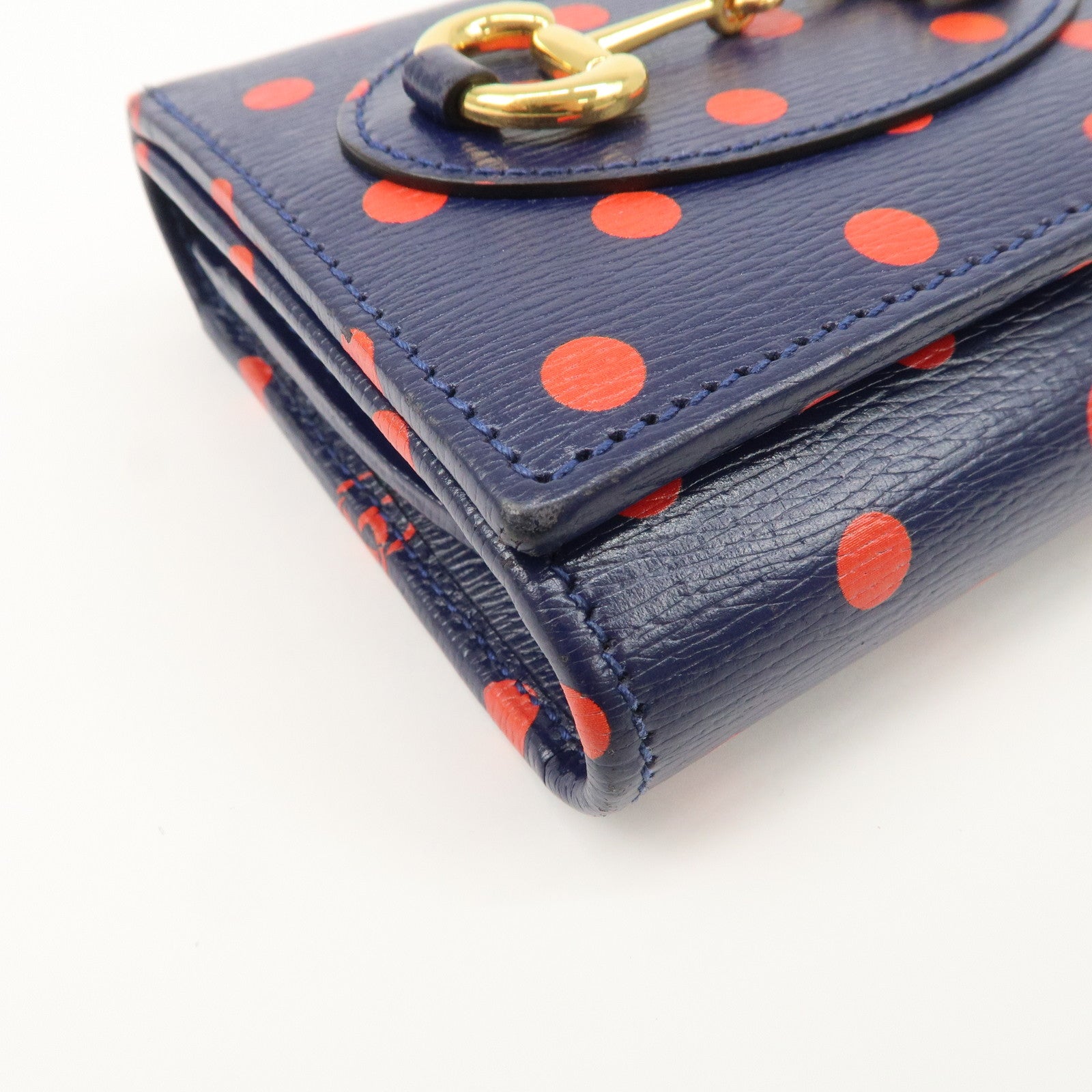 GUCCI Horsebit Dots Pattern Leather Bi-fold Wallet Navy Red 621891 Used