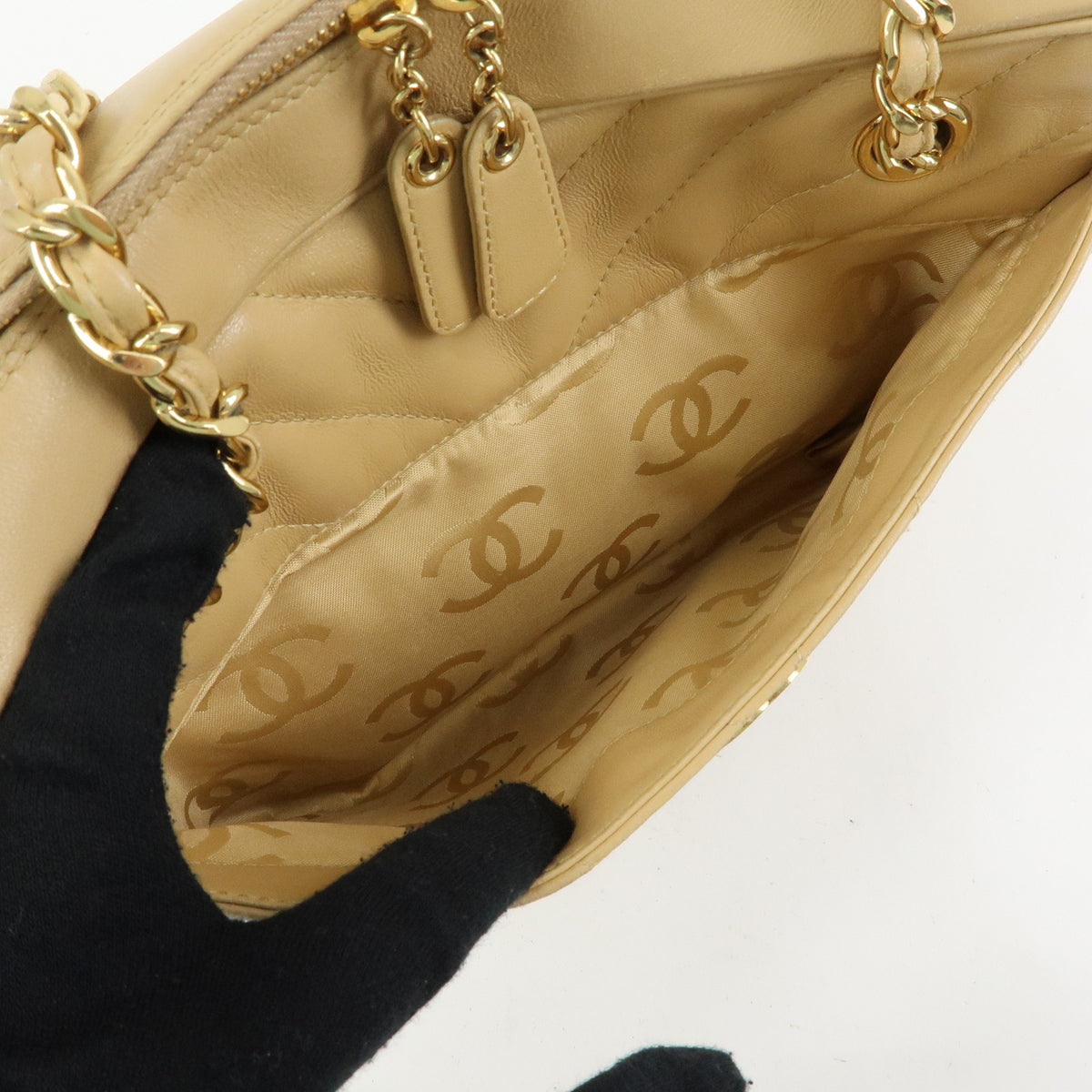 CHANEL Chevron COCO Mark Lamb Skin Chain Shoulder Bag Beige