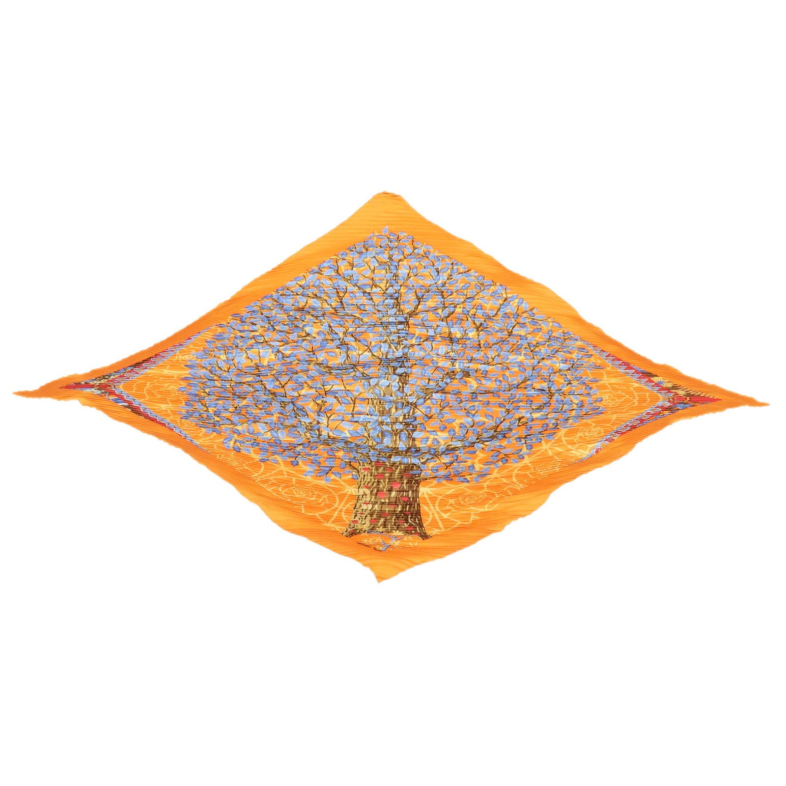 HERMES Pleated Carre Silk 100% Scarf AXIS MUNDI Orange Light Blue