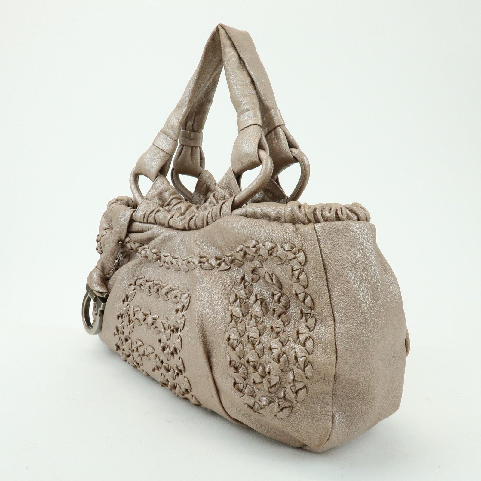 Ferragamo Gancini Leather Hand Bag Shoulder Bag Braid Pink Beige