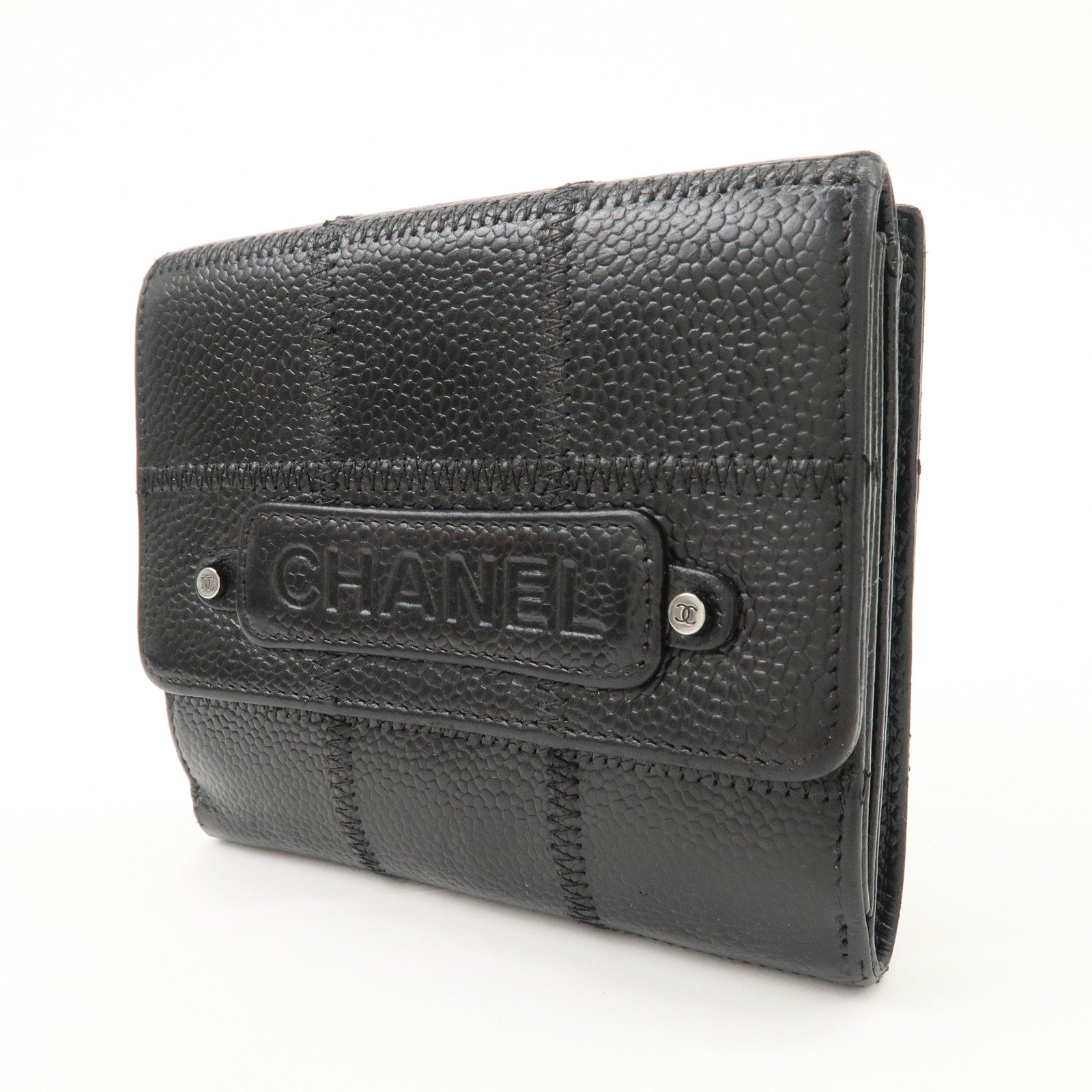 CHANEL Chocolate Bar Caviarskin W Hook Small Wallet Black Used