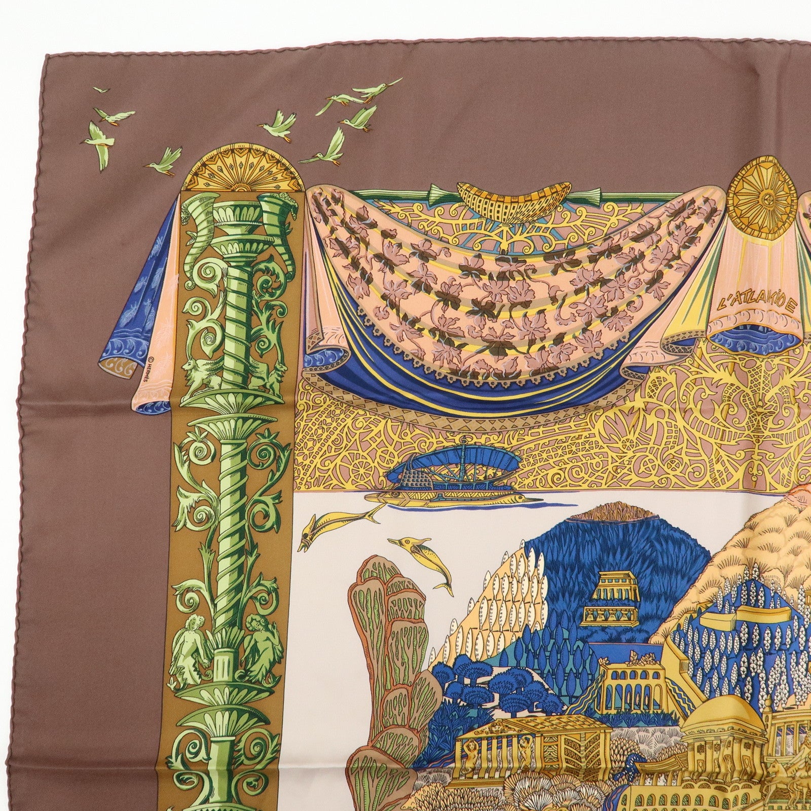 HERMES Carre 90 Silk 100% Scarf L ATLANTIDE Brown Blue Gold