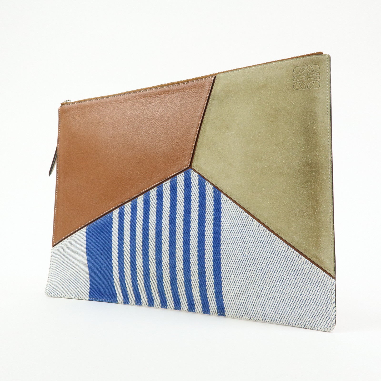 Loewe Anagram Puzzle Leather Suede Canvas Clutch Bag Blue Brown Beige