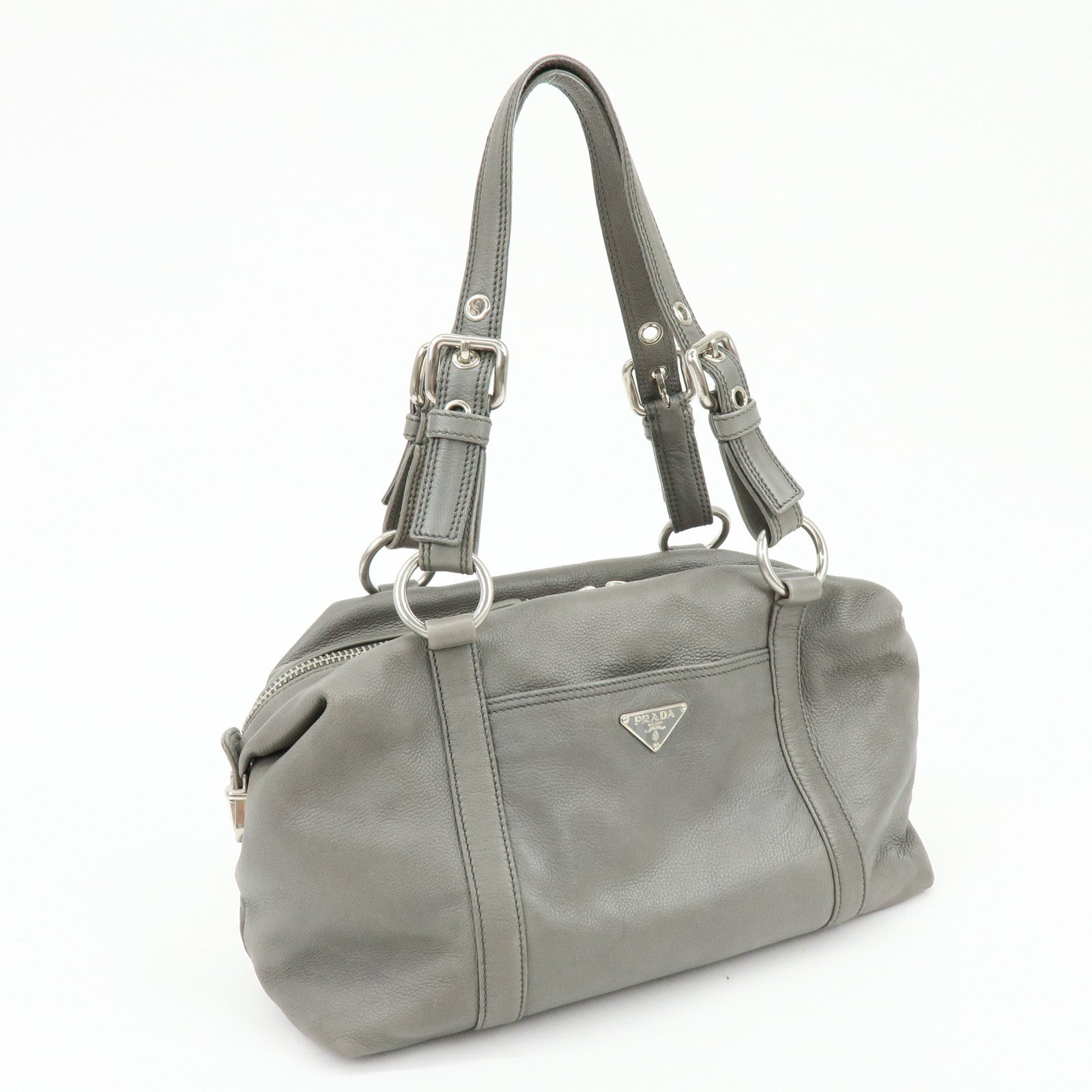 PRADA Triangle Logo Leather Boston Bag Shoulder Bag Gray BR2630