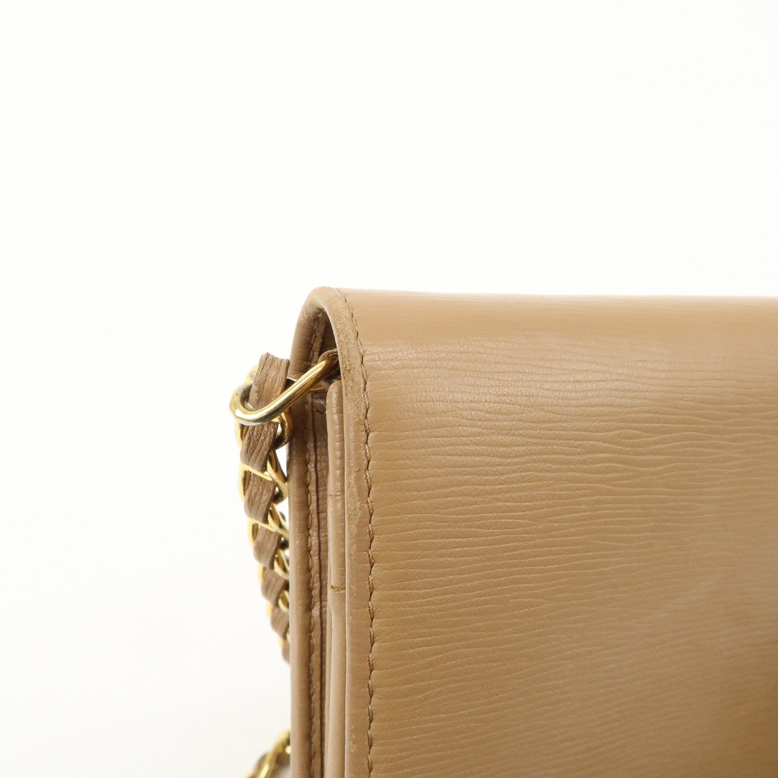 PRADA Logo Leather Chain Wallet WOC Beige Gold Hardware 1MT290 Used