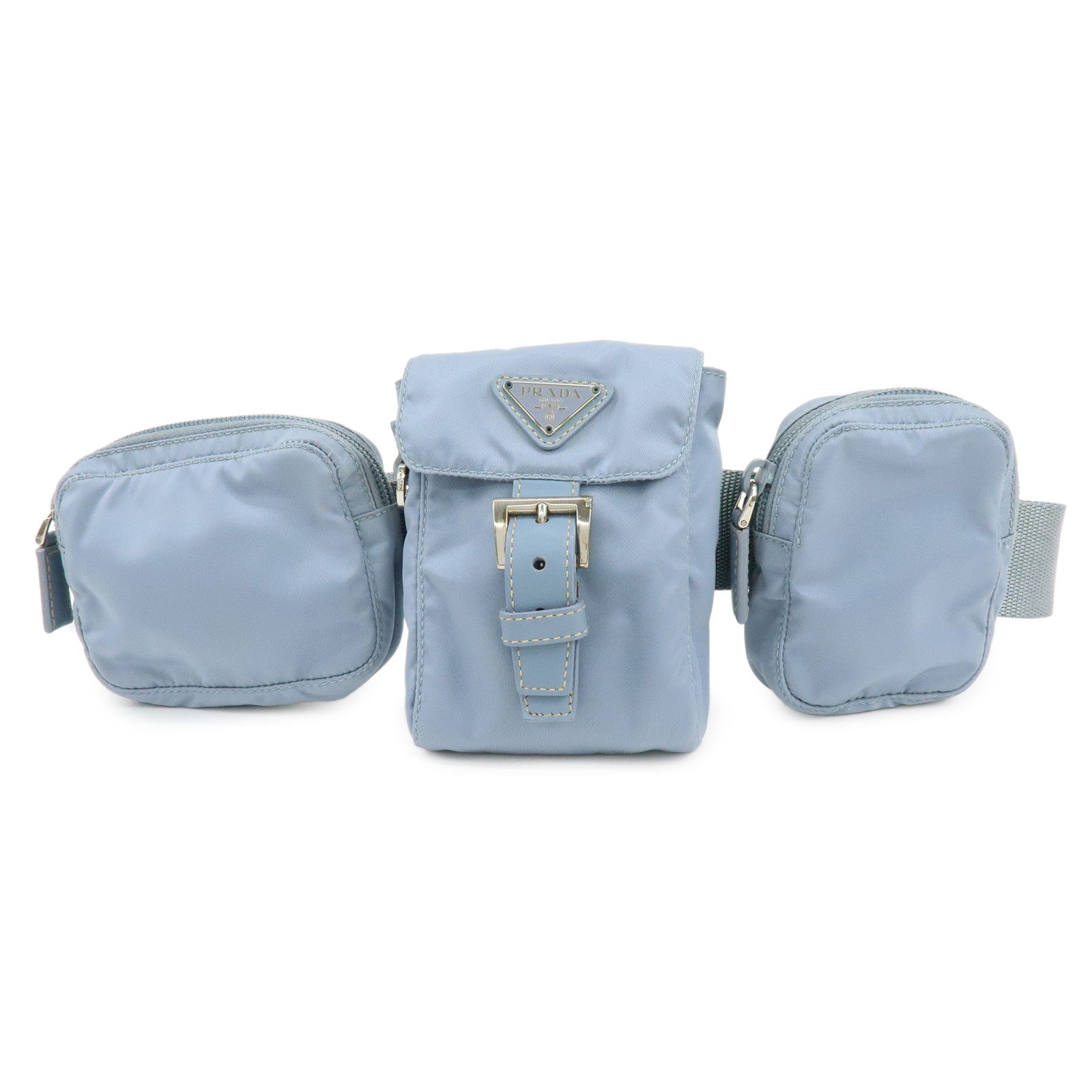 PRADA Triangle Logo Nylon Leather Waist Bag Body Bag Light Blue
