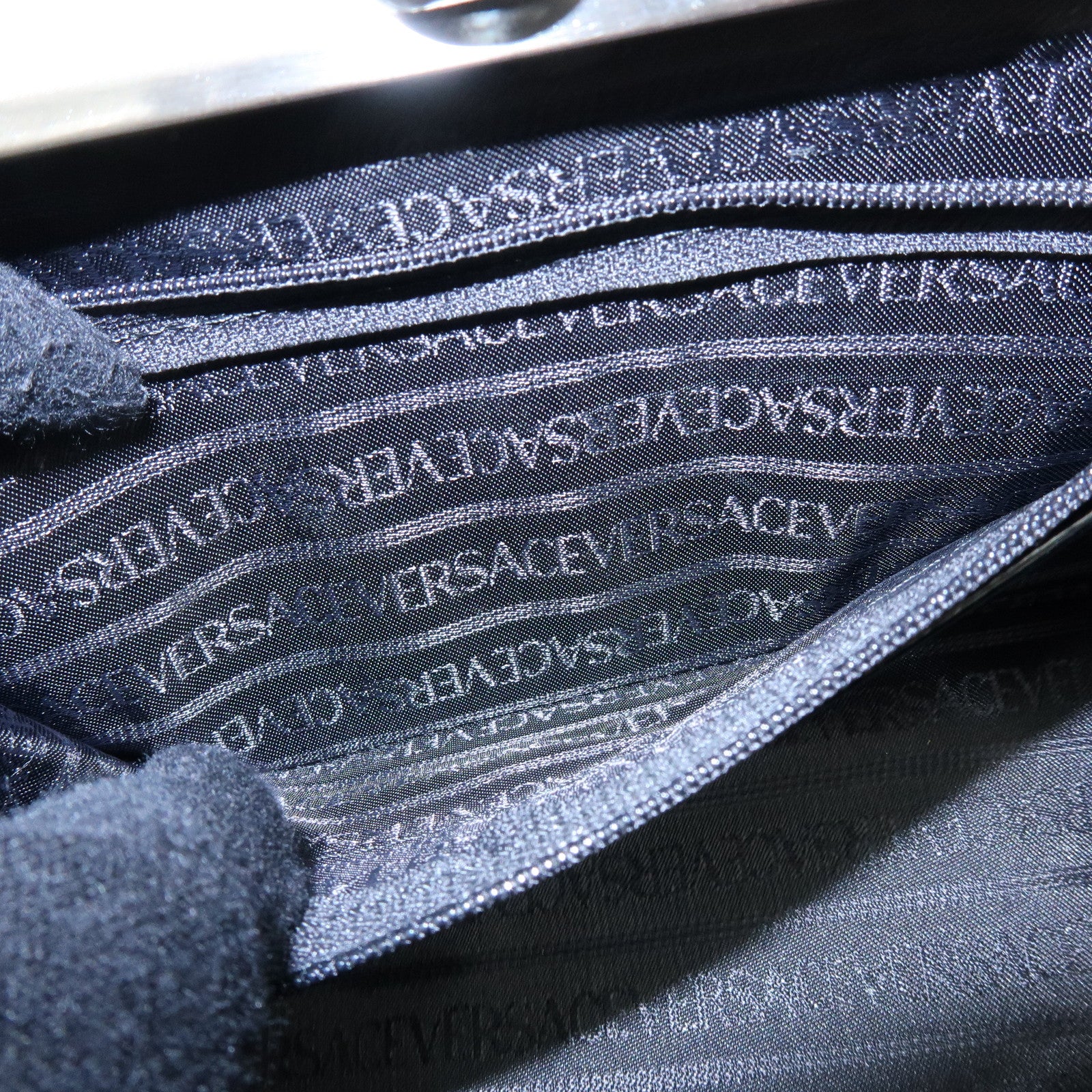 GIANNI VERSACE Embossed Leather Kiss Lock Top Handle Hand Bag Black