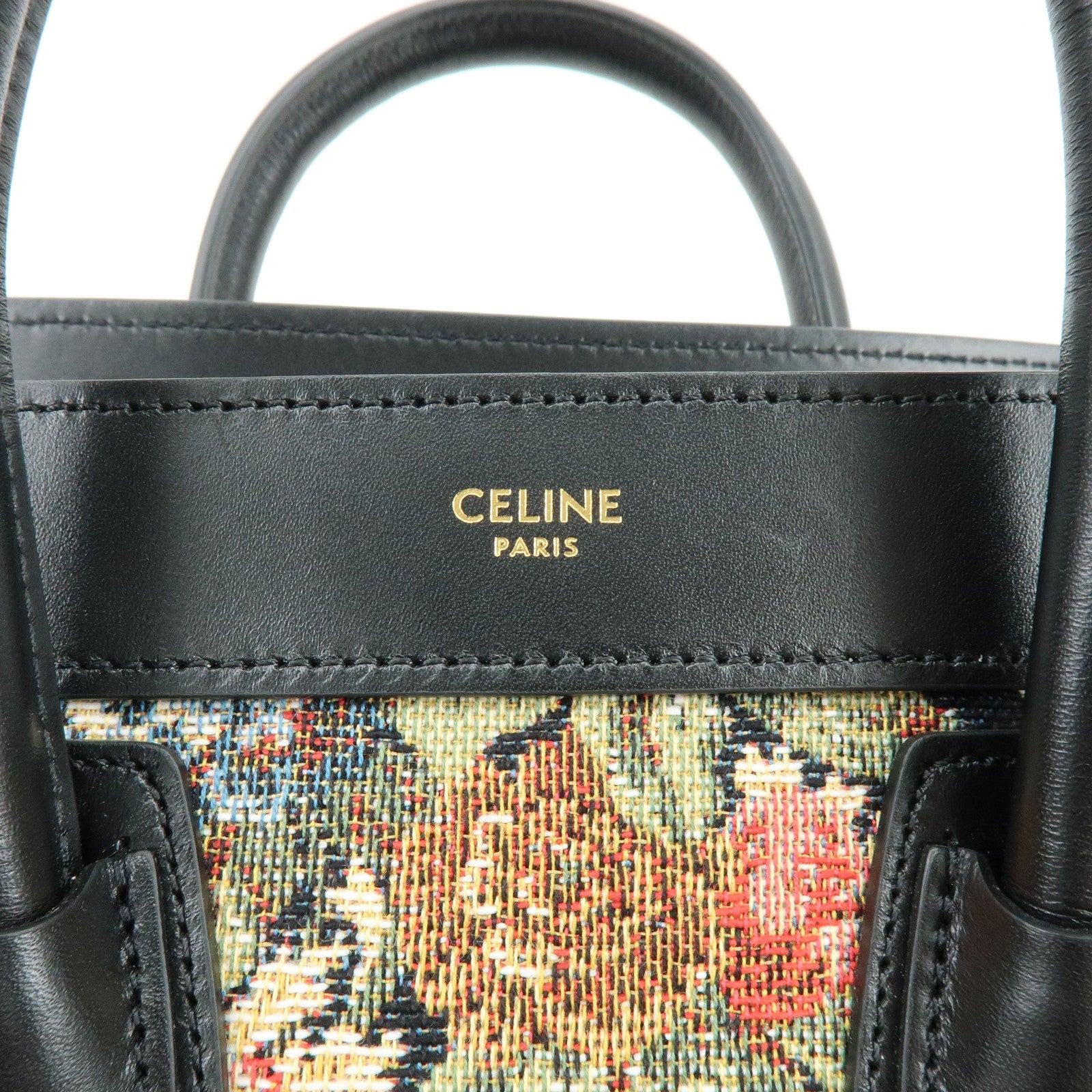 CELINE Luggage Jaquard Canvas Leathre Flower 2Way Shoulder Bag Black