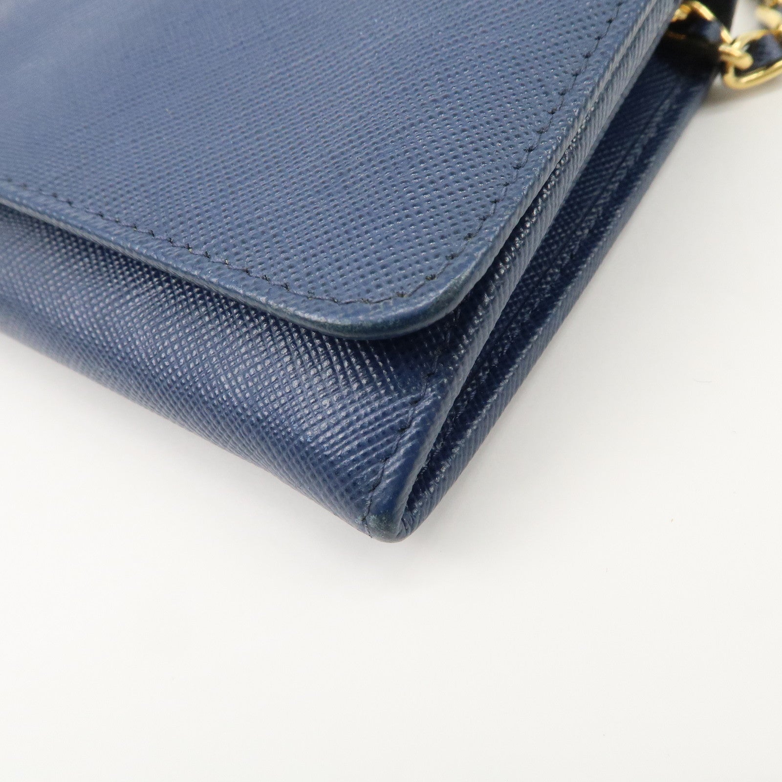 PRADA Logo Leather Chain Wallet WOC Blue Gold Hardware 1MT290 Used