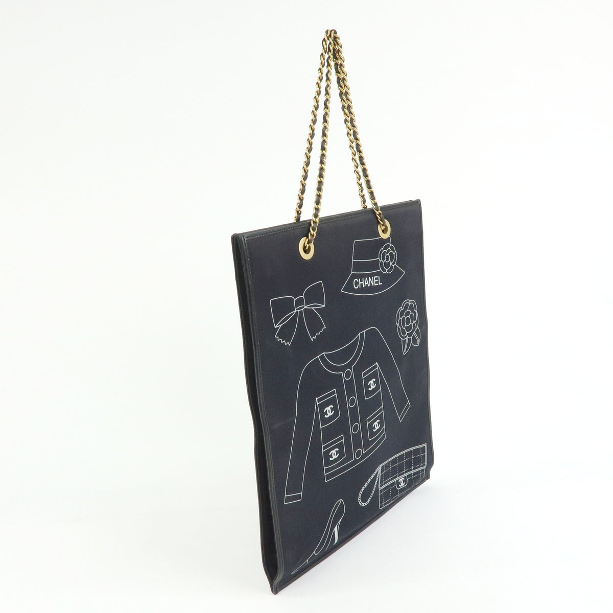 CHANEL Icon Line Canvas Leather Tote Bag Hand Bag Black