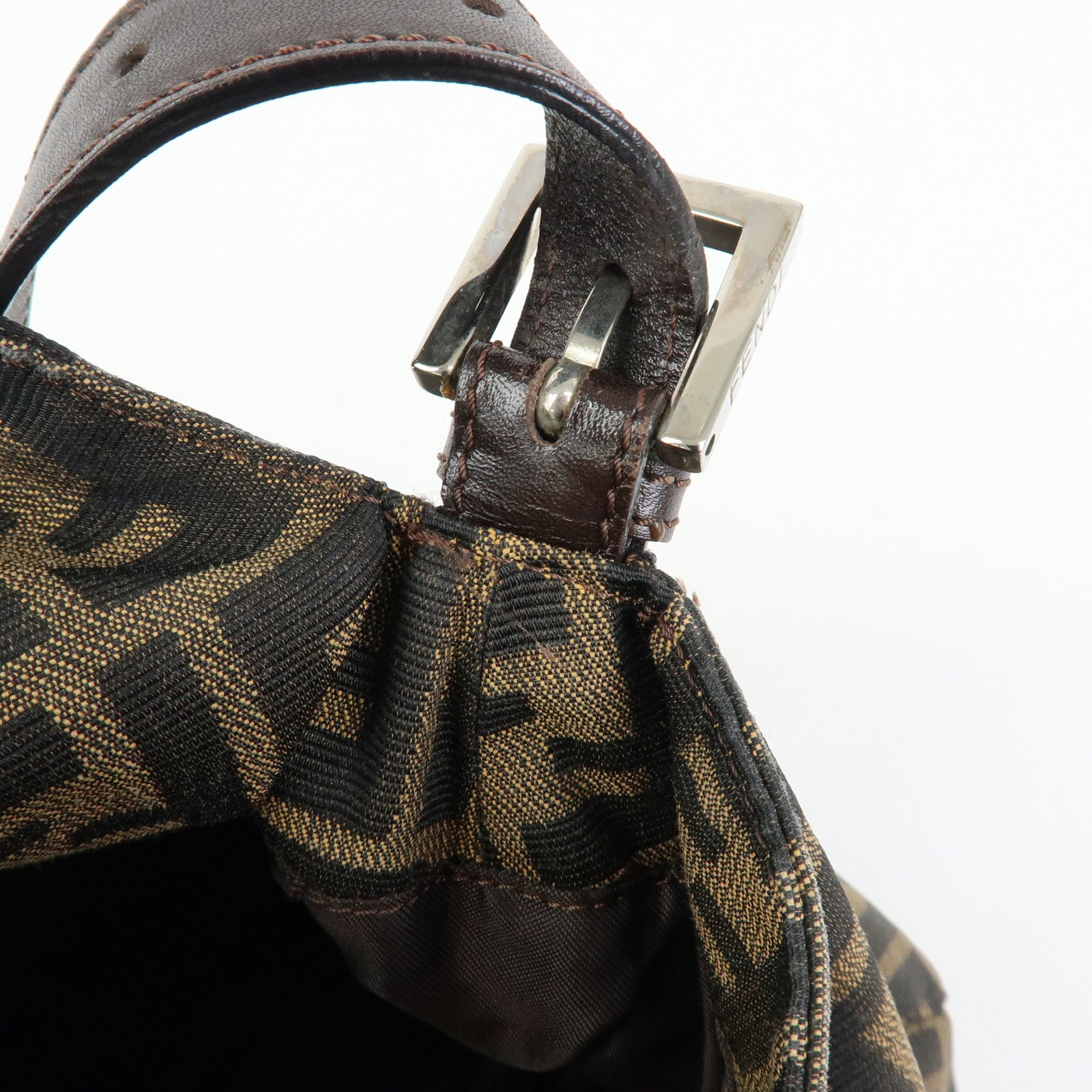 FENDI Mamma Baguette Zucca Canvas Leather Shoulder Bag Brown 26325