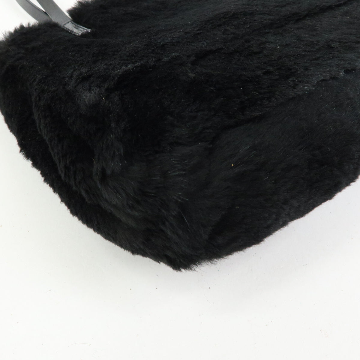 FENDI FF Logo Lapin Rabbit Fur Leather Shoulder Tote Bag Black 16001