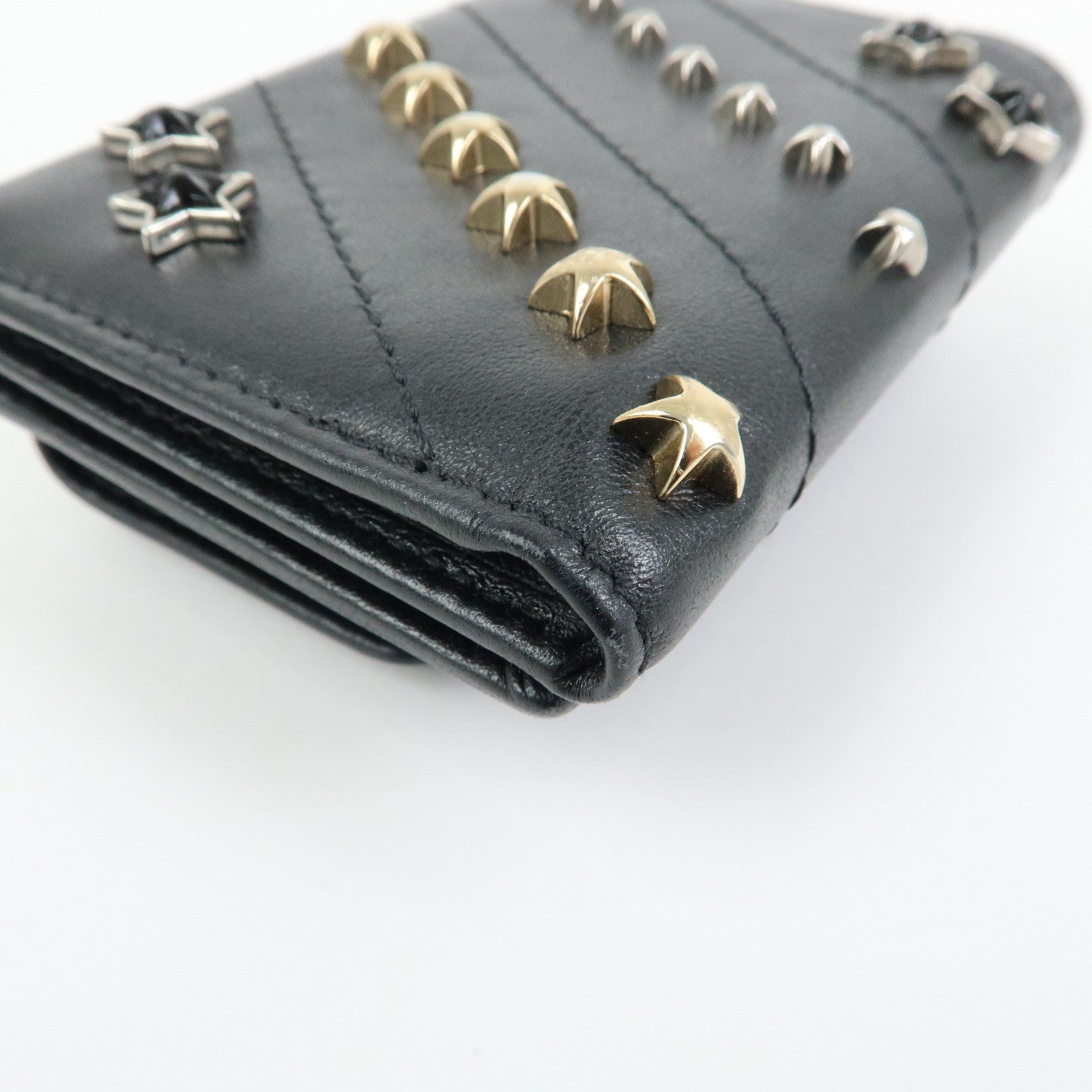 JIMMY CHOO Star Studs Leather Compact Tri-fold Wallet Black