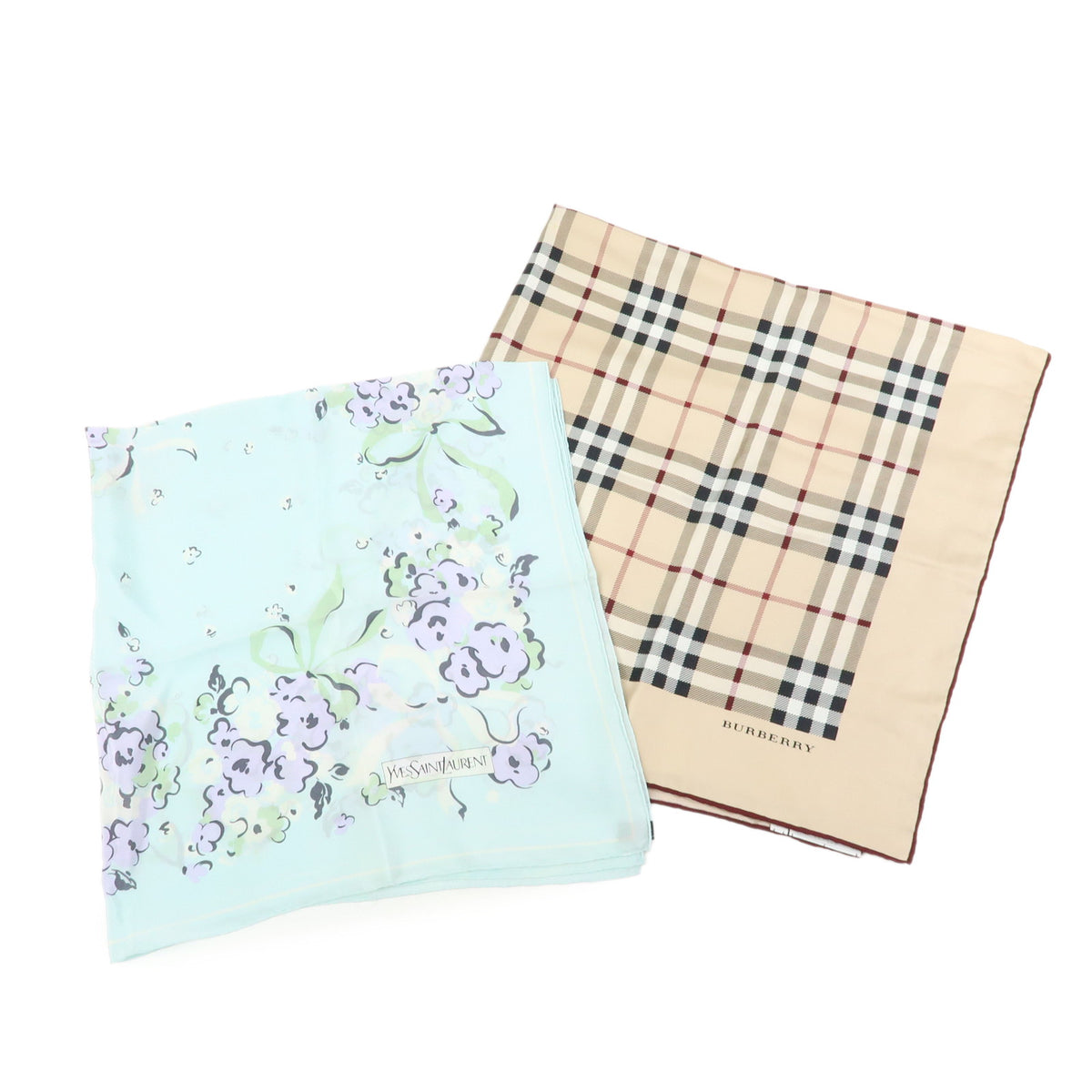 YSL BURBERRY Lot of 2 Silk 100% Scarf Nova Plaid Flower Blue Beige