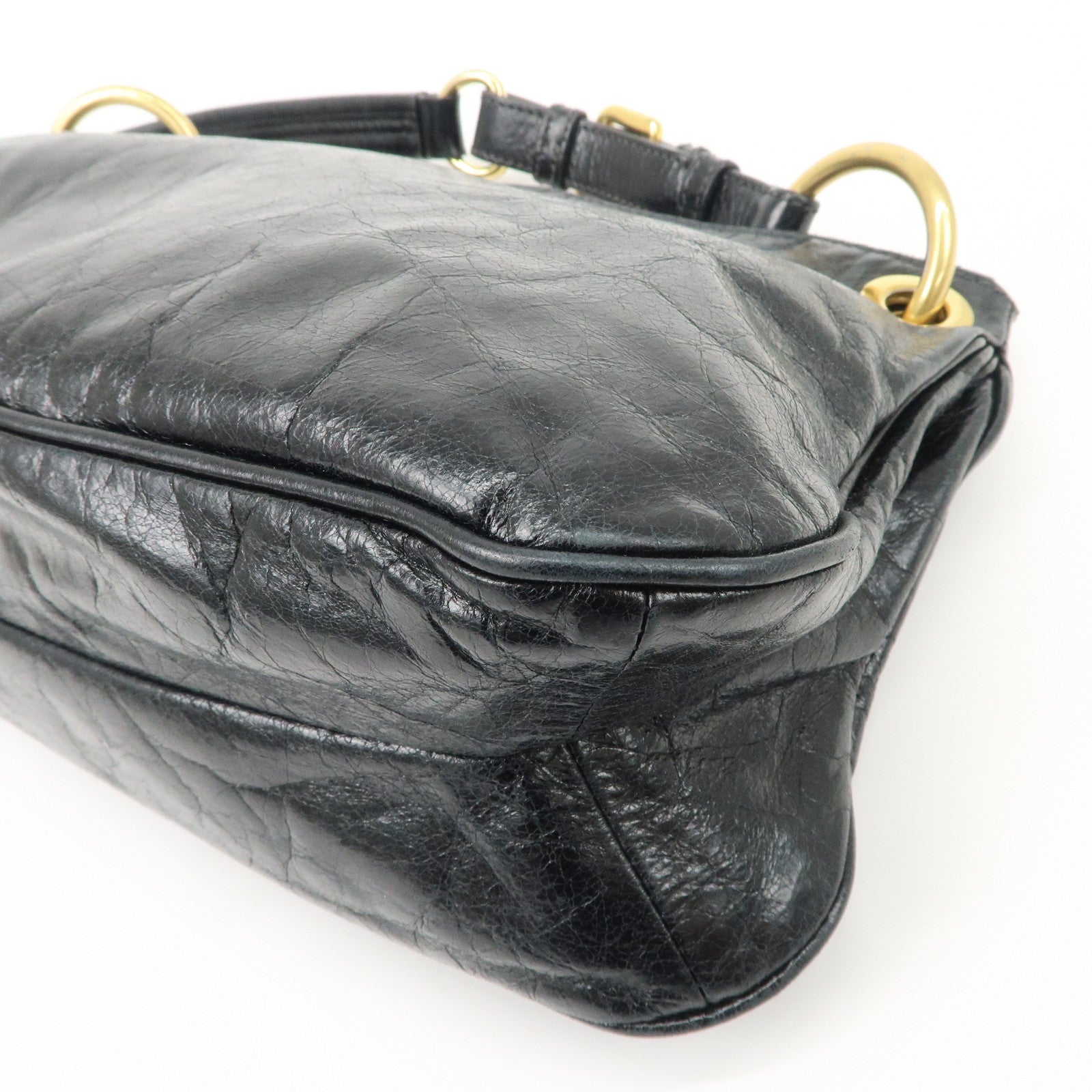 PRADA Logo Leather Shoulder Bag Hand Bag Gold Hardware Black Used