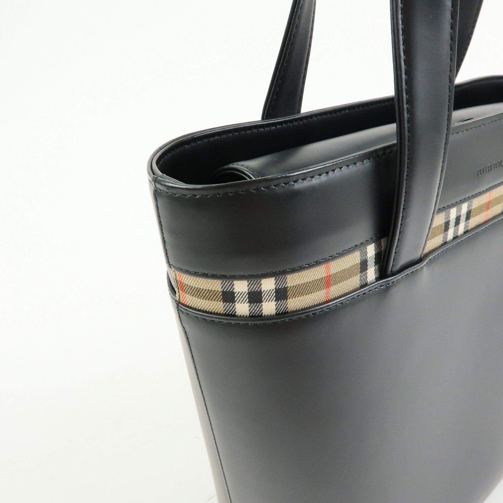 BURBERRY Nova Plaid Leather Canvas Tote Bag Hand Bag Black