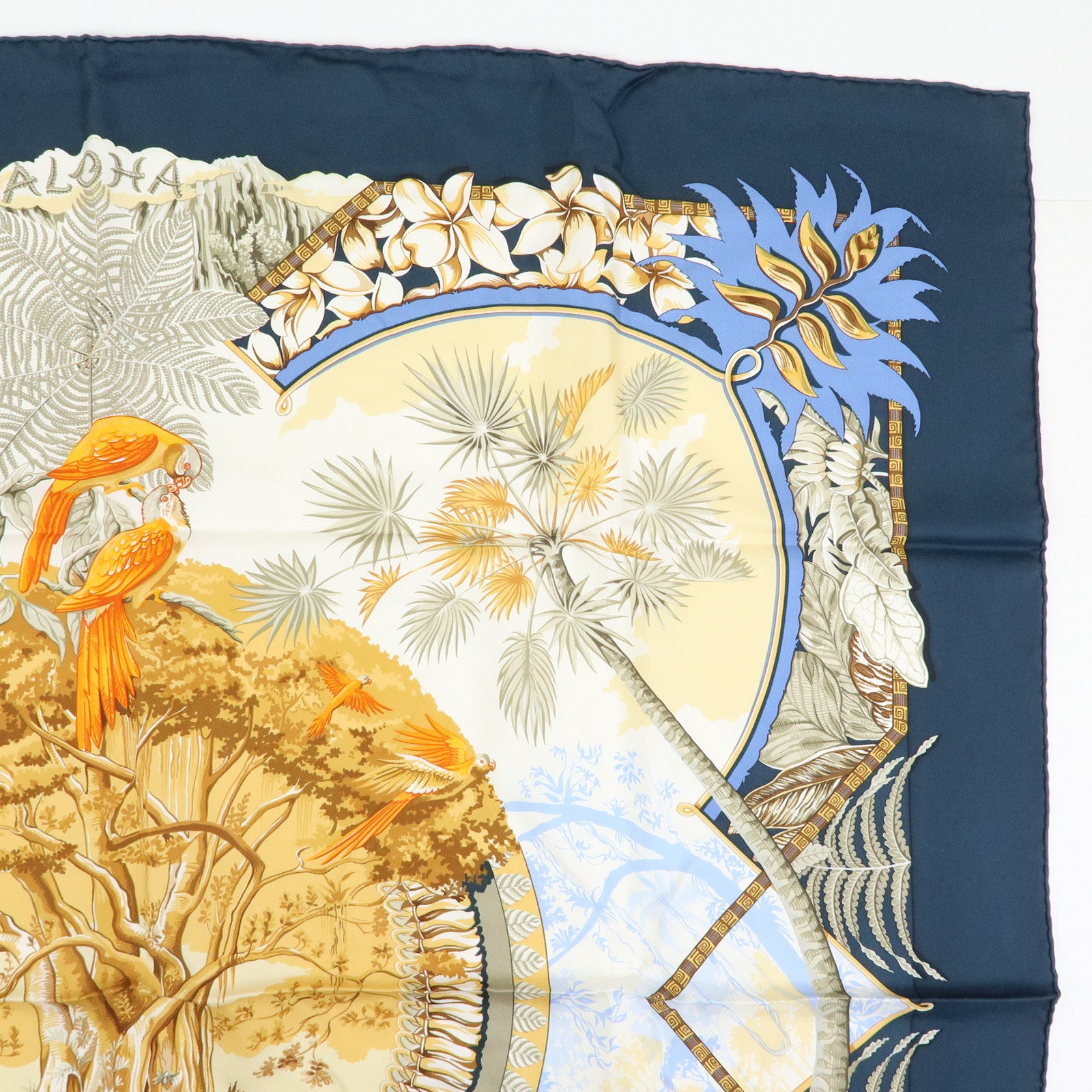 HERMES Carre 90 Silk 100% Scarf ALOHA Navy Light Brown