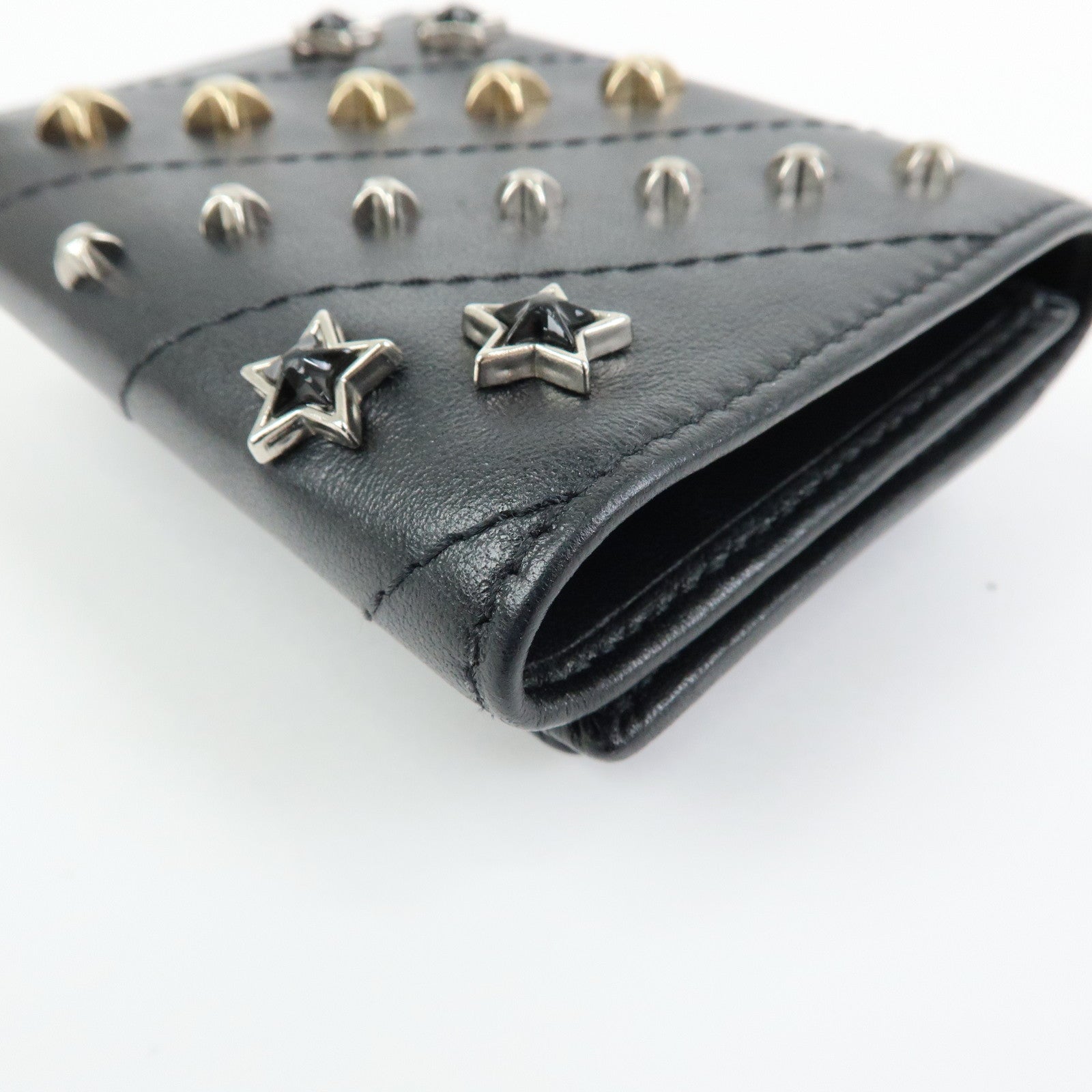 JIMMY CHOO Star Studs Leather Compact Tri-fold Wallet Black