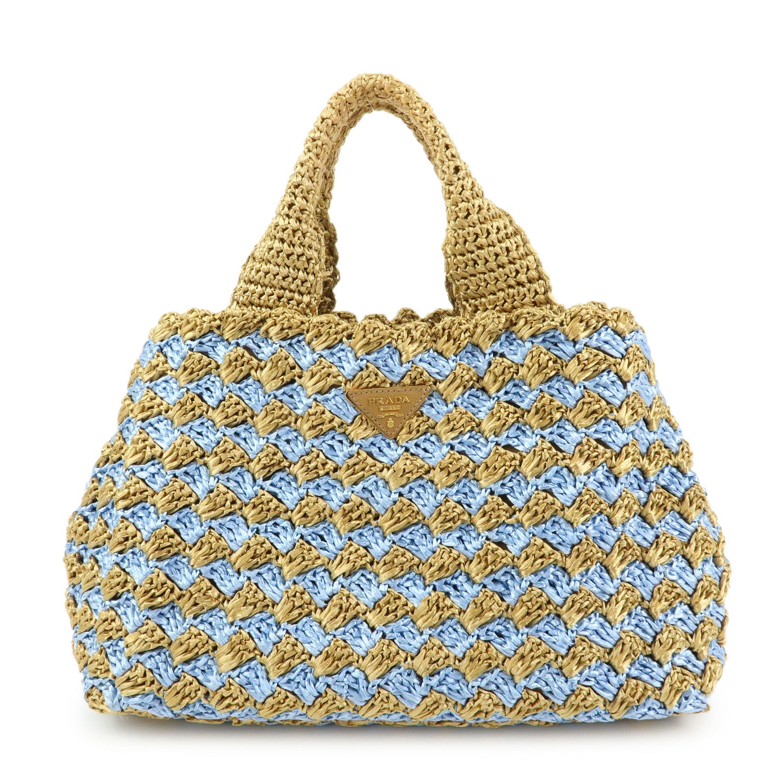 PRADA Triangle Logo Canapa Raffia Tote Bag Hand Bag Beige Blue