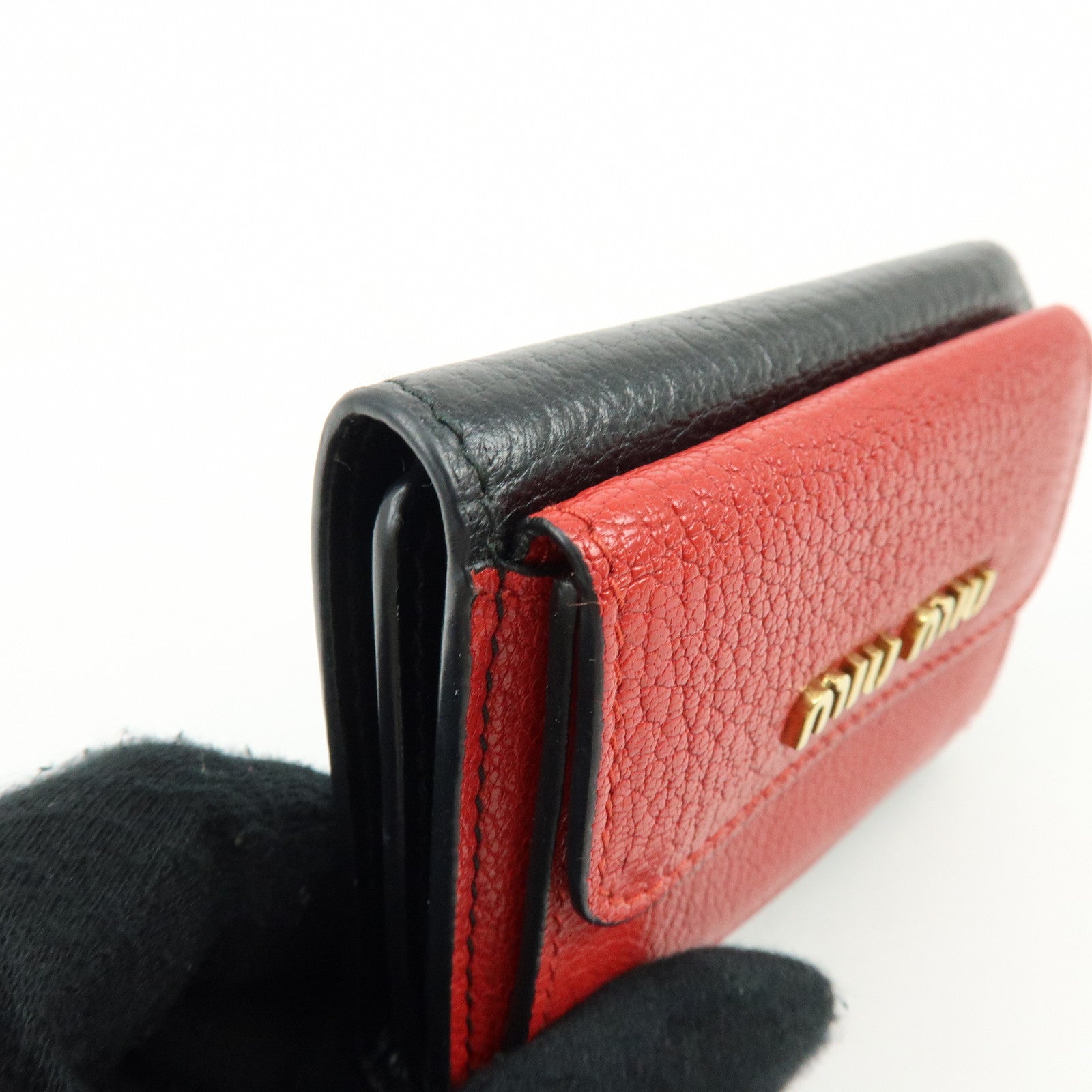 MIU MIU Logo Madras Leather Tri-fold Compact Wallet Red Black 5MH020