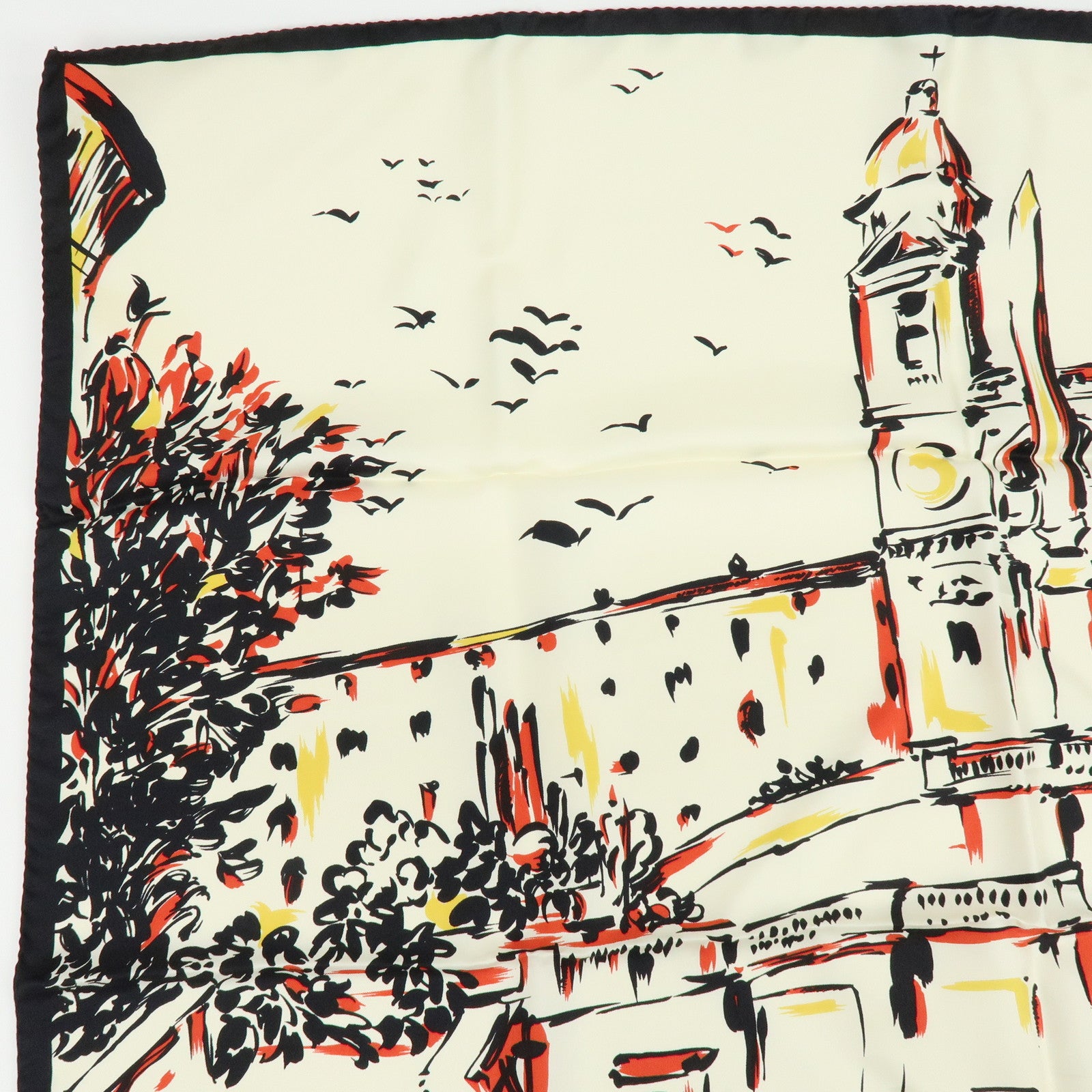 PRADA Silk Townscape Print Scarf Shawl White Black Red Yellow