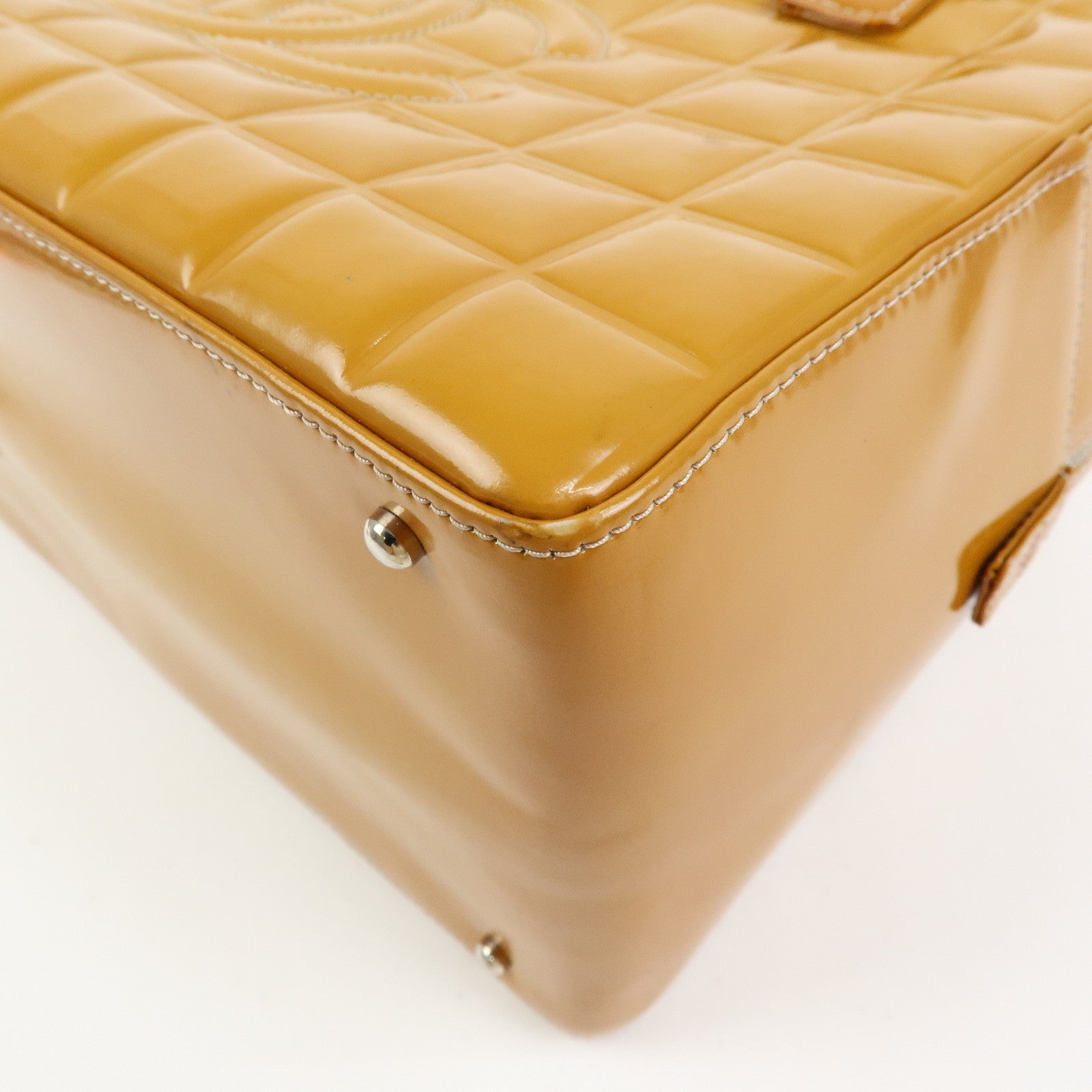 CHANEL Chocolate Bar COCO Mark Patent Leather Boston Bag Hand Bag Camel