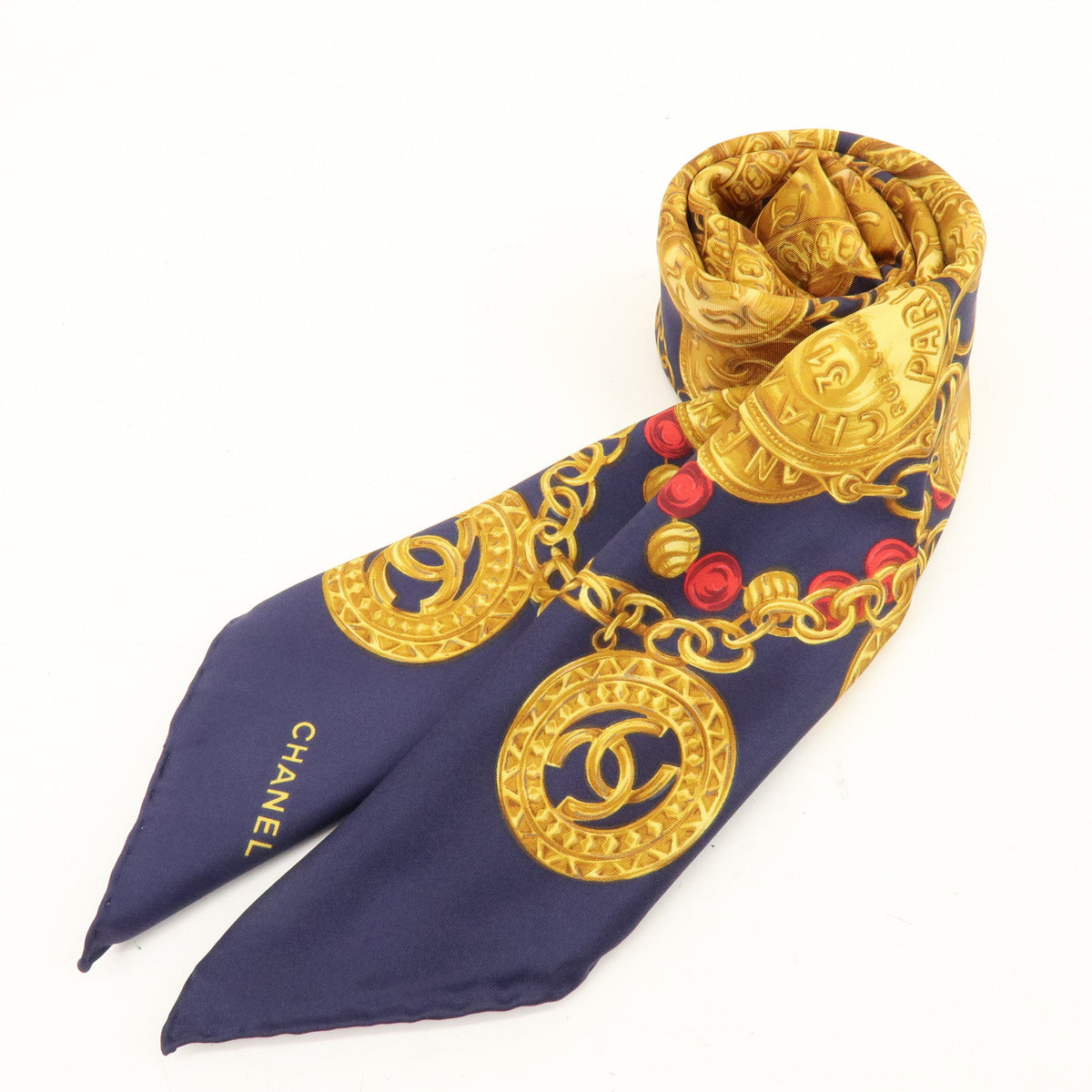 CHANEL COCO Mark Silk 100% Scarf Chain Print Gold Navy Red