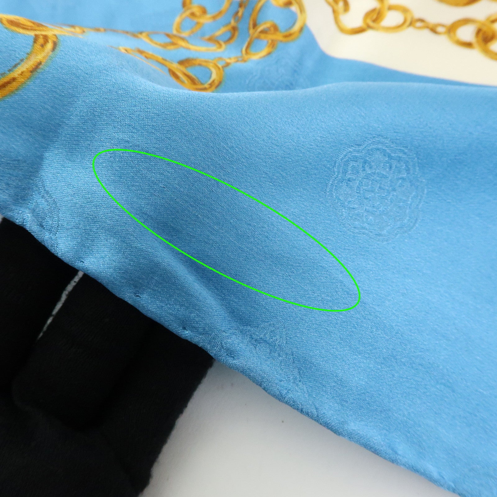 CHANEL Silk 100% Scarf Gold Chain Motif Light Blue White