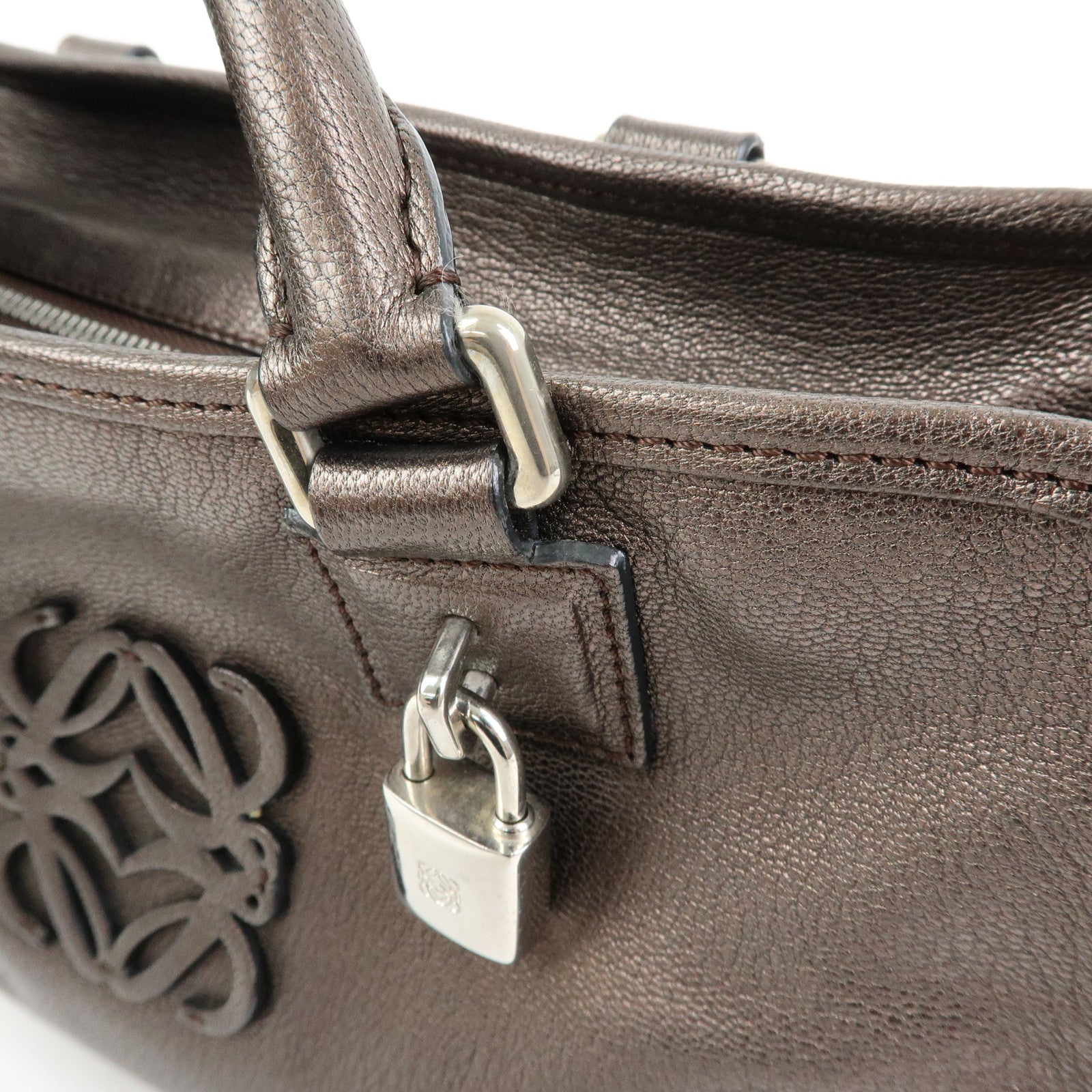 LOEWE Anagram Amazona 28 Leather Hand Bag Boston Bag Metallic Brown