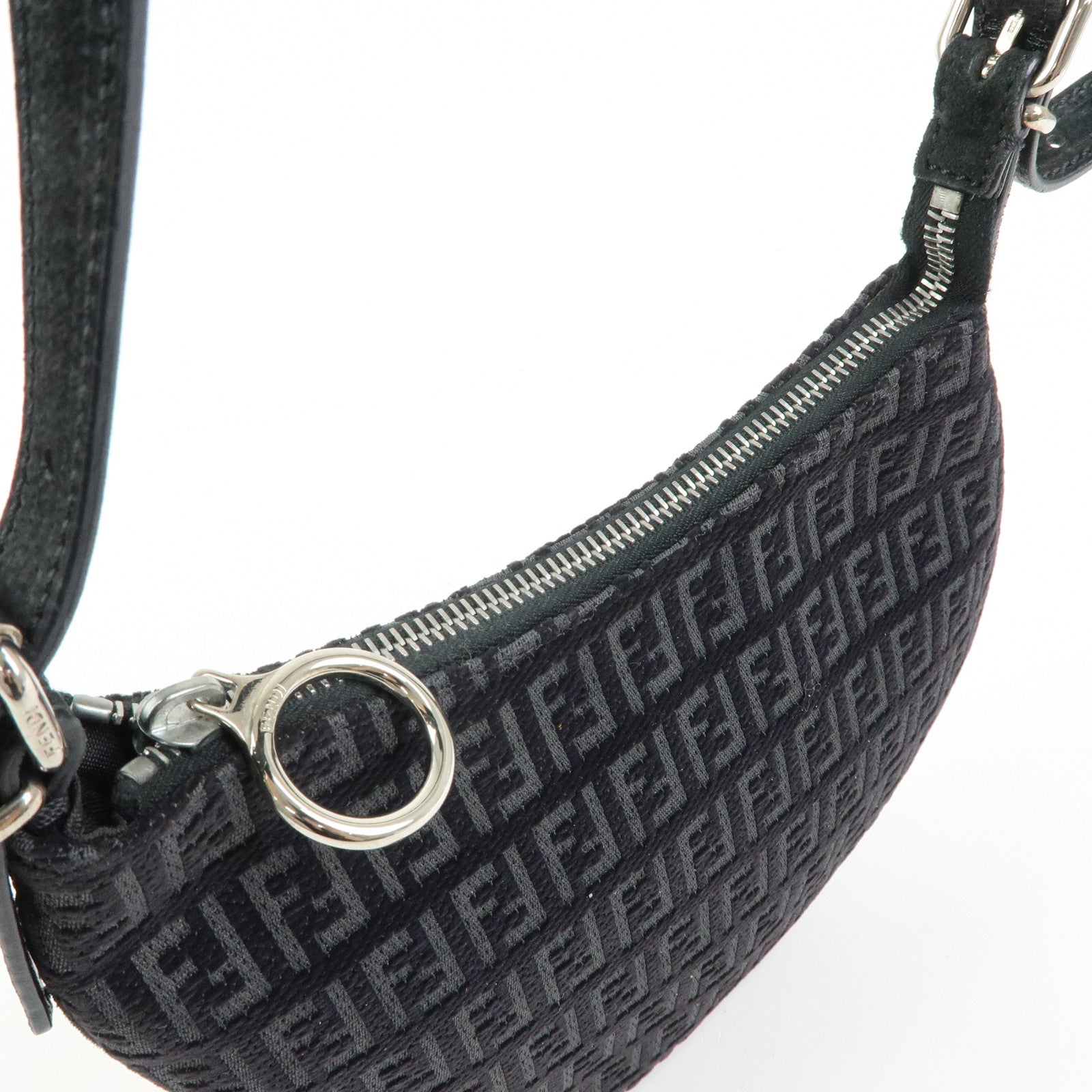 FENDI Zucchino Canvas Leather Shoulder Bag Hand Bag Black 8BR248
