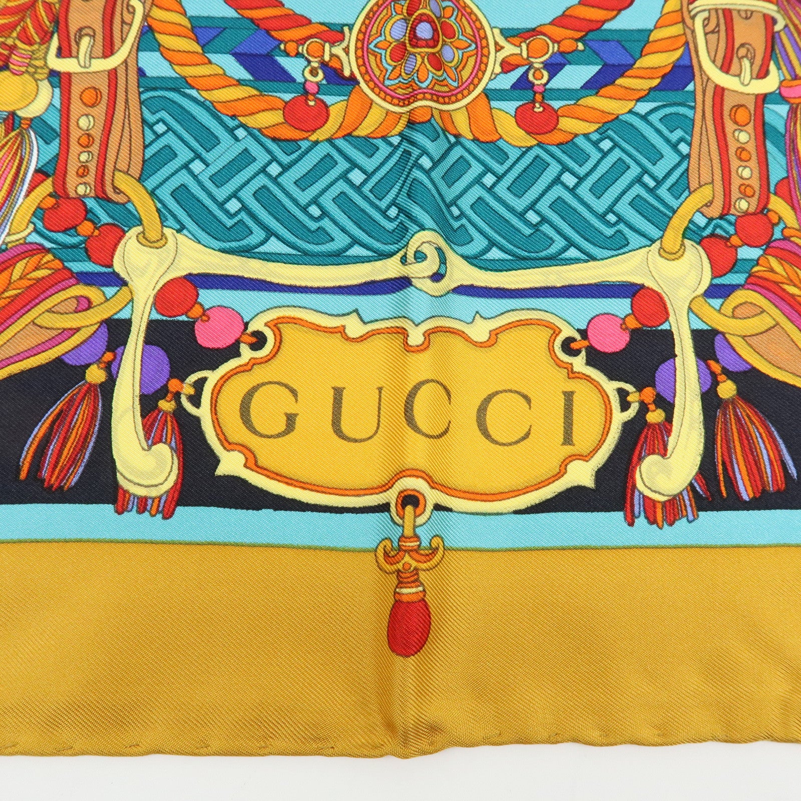GUCCI Silk 100% Scarf Tassel Motif Black Yellow Multicolor
