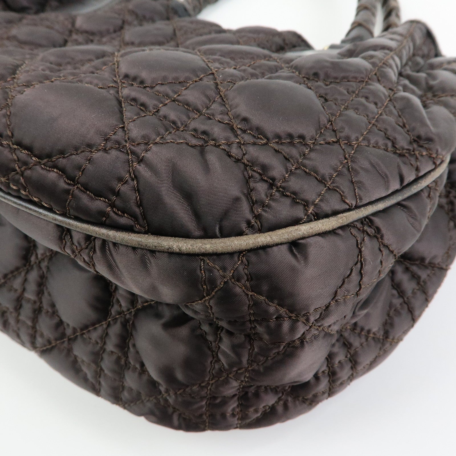 Christian Dior Lady Dior Cannage Nylon Leather Hand Bag Tote Bag Brown