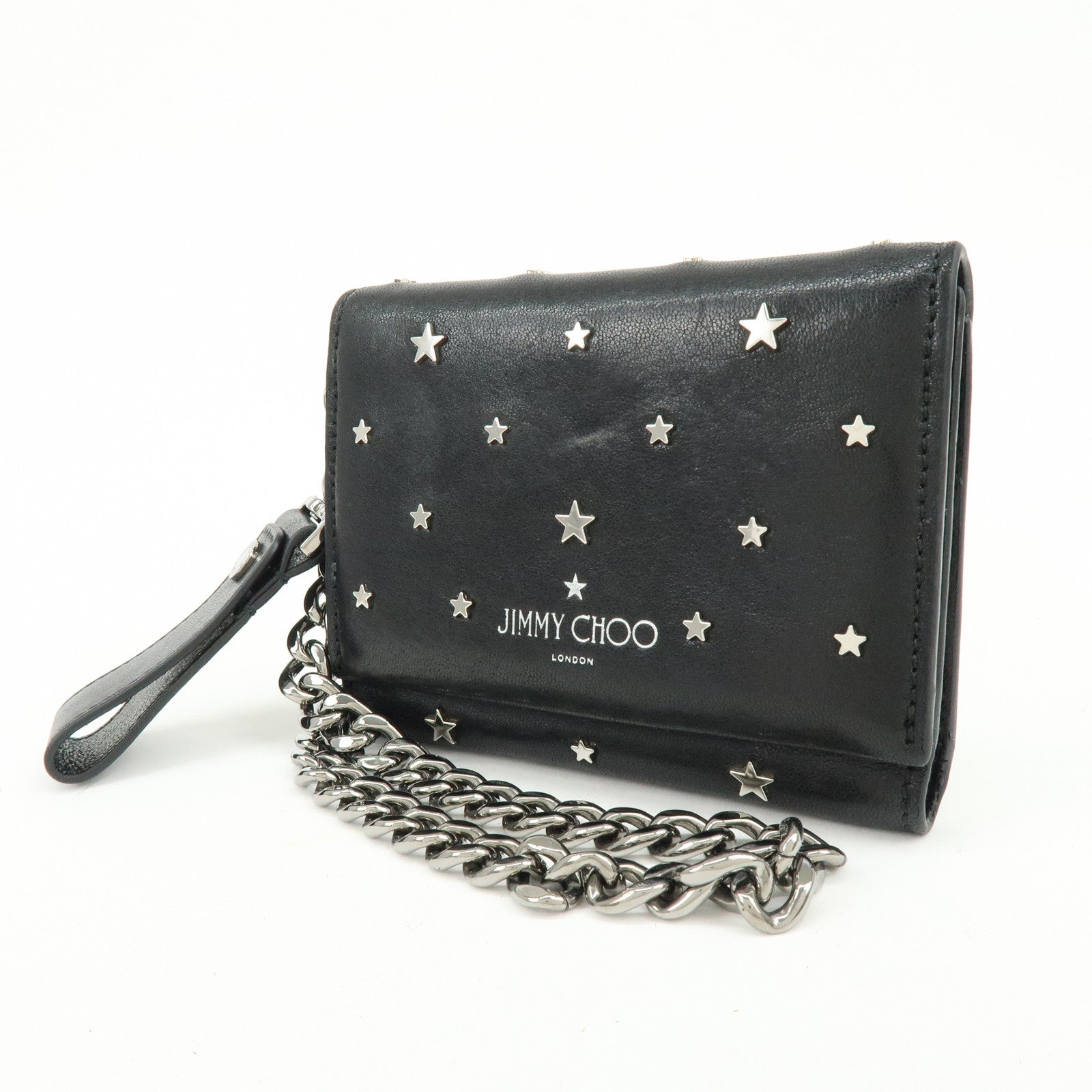 Jimmy Choo Leather Tri-fold Chain Wallet Studs Stars Black