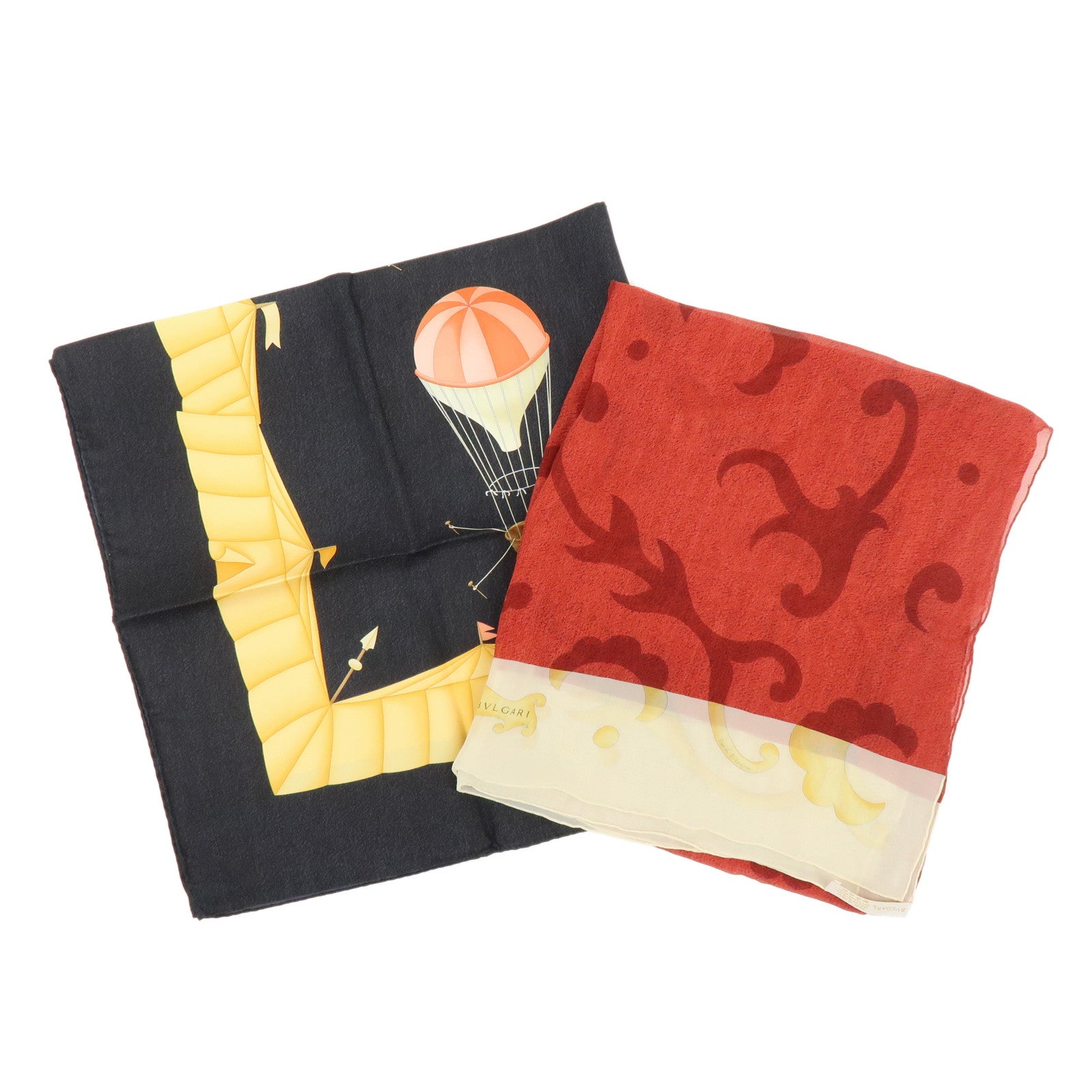 BVLGARI Set of 2 Silk 100% Scarf Balloon Motif Black Red Gold