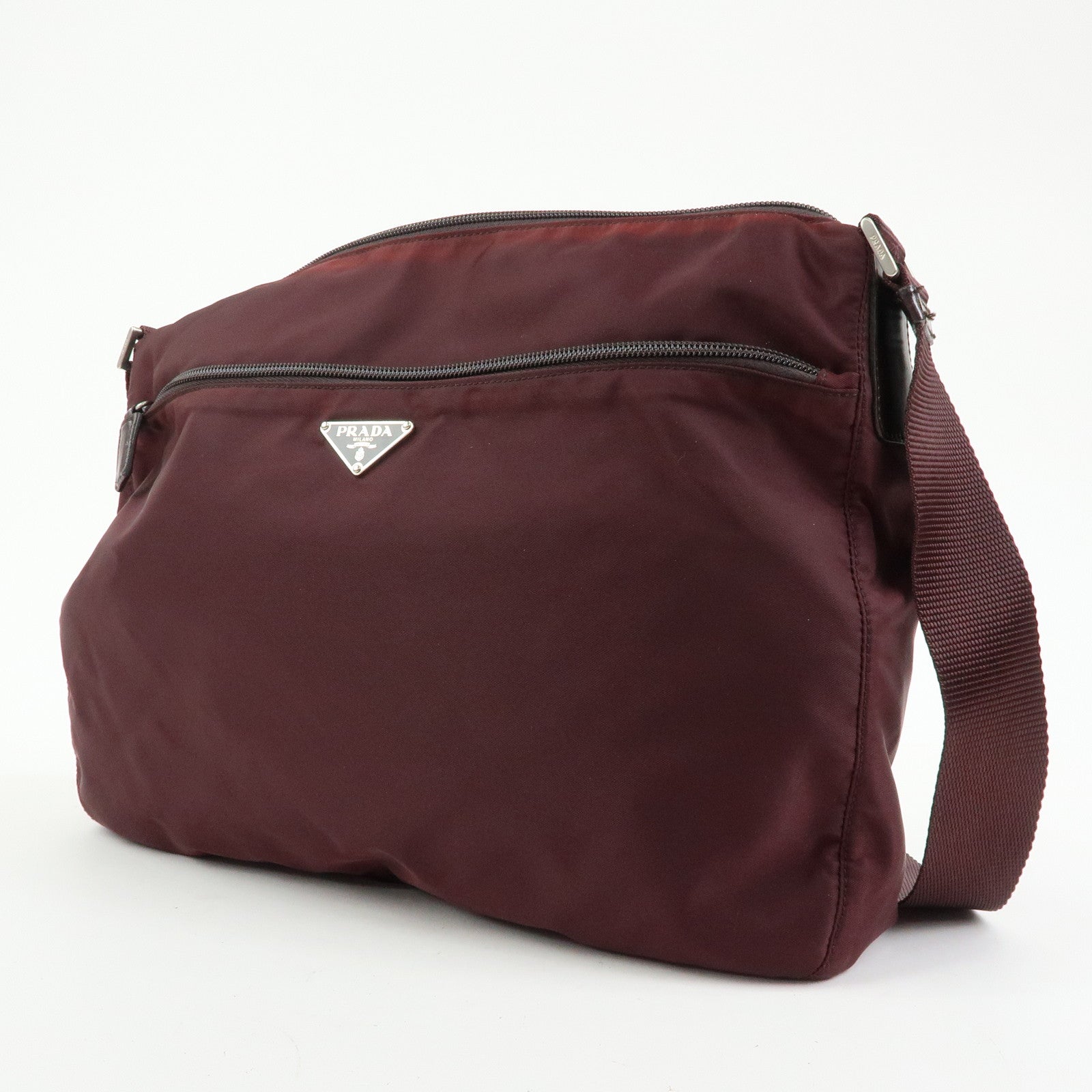 PRADA Triangle Logo Nylon Leather Shoulder Bag Burgundy BT0426